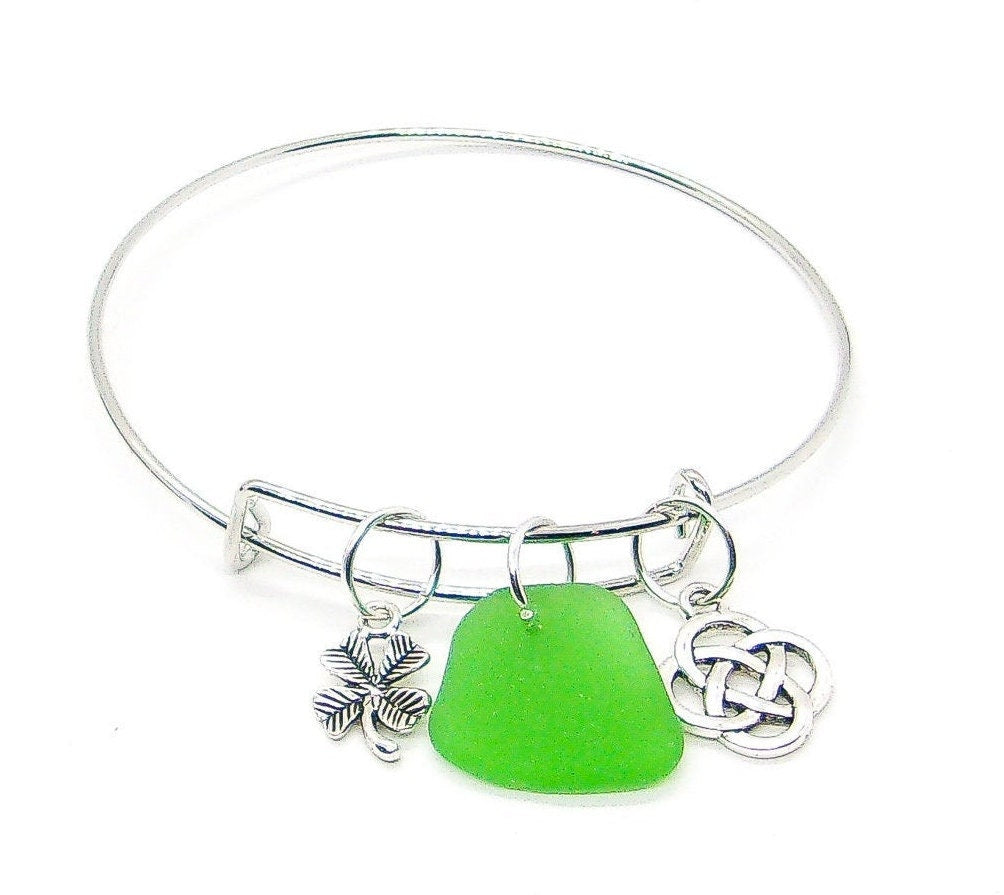 Sea Glass Bracelet/St. Patrick's Day/Genuine Sea Glass/Shamrock Bracelet/Celtic Knot/Bangle Bracelet/Charm Bracelet