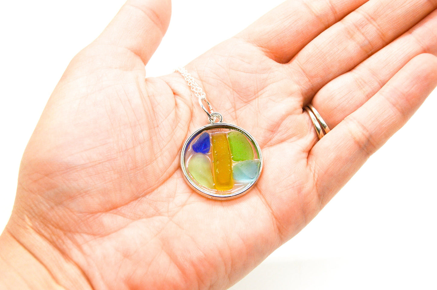 Mosaic Sea Glass Necklace/Mosaic Pendant Necklace/Sea Glass Necklace/Mosaic Beach Jewelry/Genuine Sea Glass/Resin Jewelry/Resin Necklace