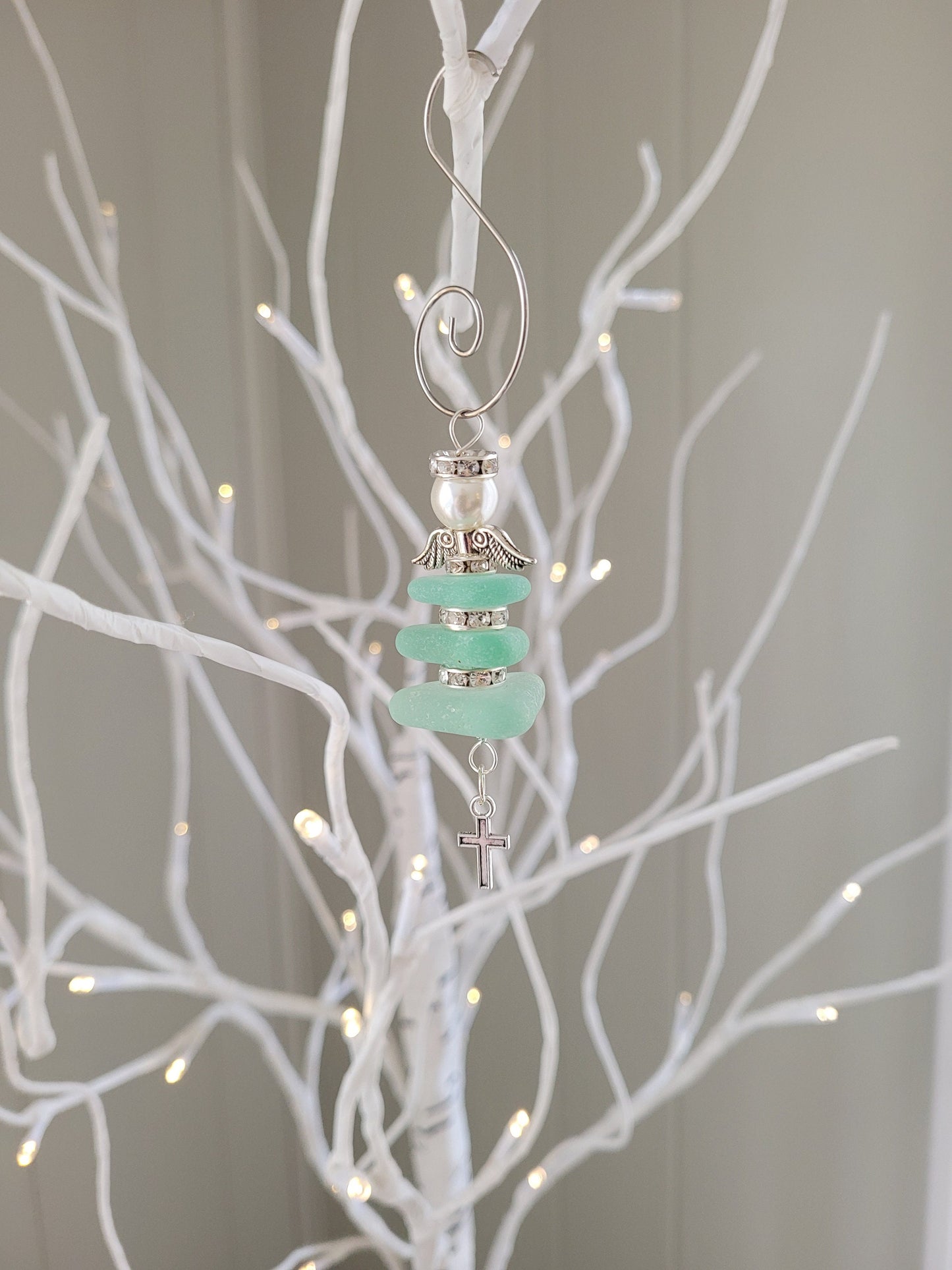 Genuine Sea Glass Angel Sun Catcher with cross/Angel Car Charm/First Communion/Easter Angel Ornament/Angel Gift/Religious Gift/Easter Gift