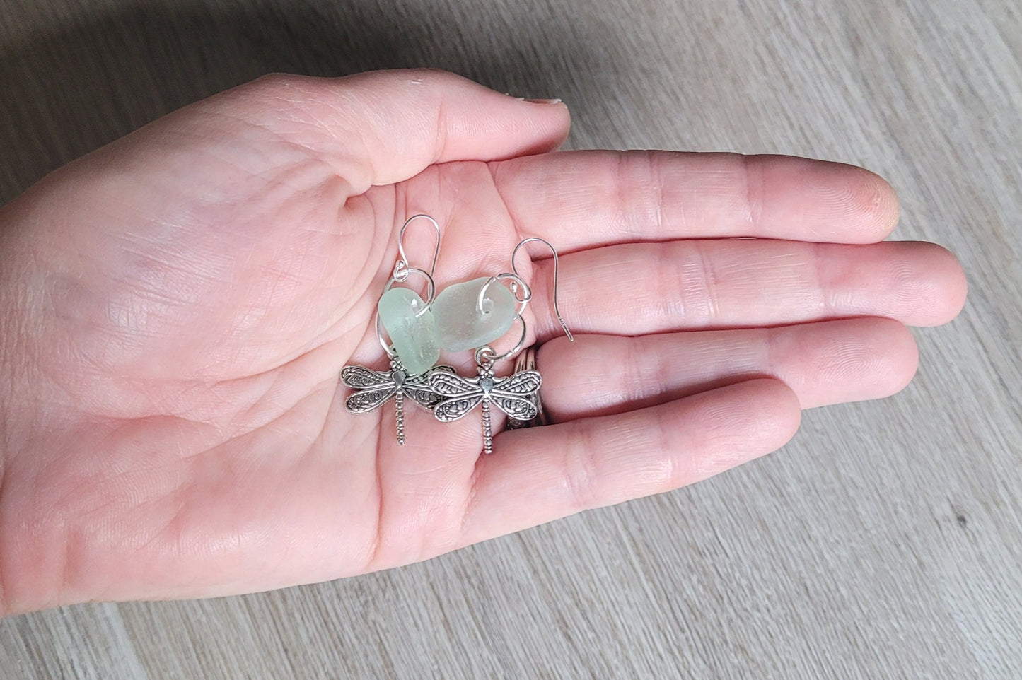 Genuine Sea Glass/Seafoam Sea Glass Earrings/Dragonfly Earrings/Sea Glass and Sterling Silver Earrings/Gift for Her/Nautical Earrings