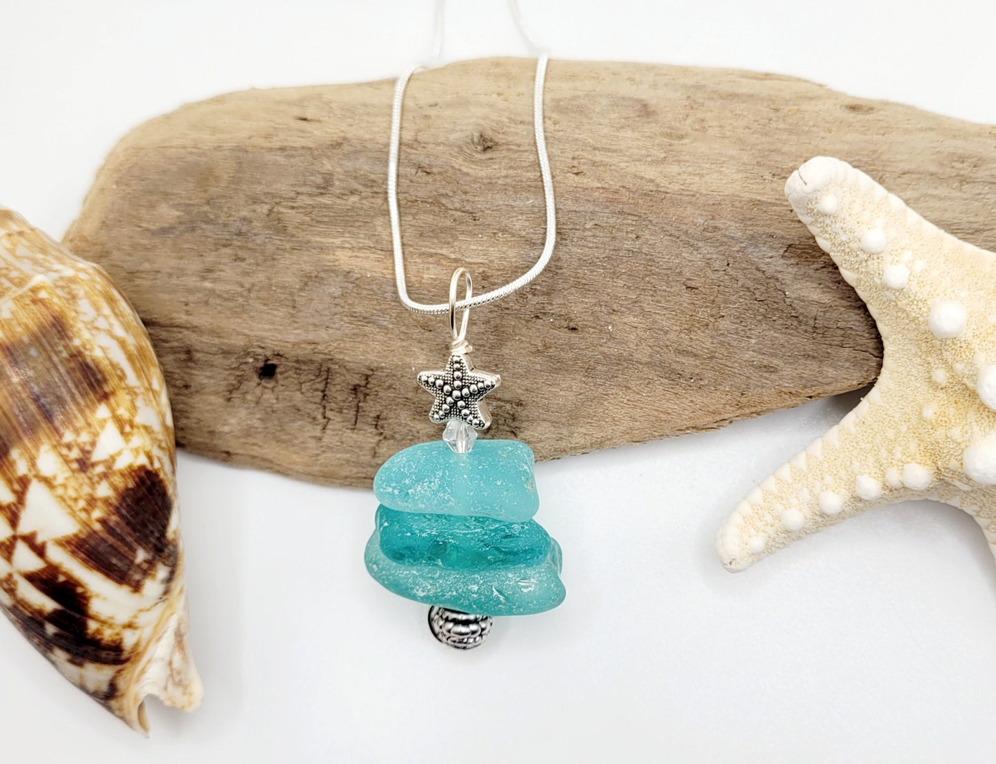 Genuine Sea Glass/Sea Glass Jewelry/Sea Glass Christmas Tree/Christmas Tree Pendant and Earrings/Holiday Jewelry/Christmas Necklace/103