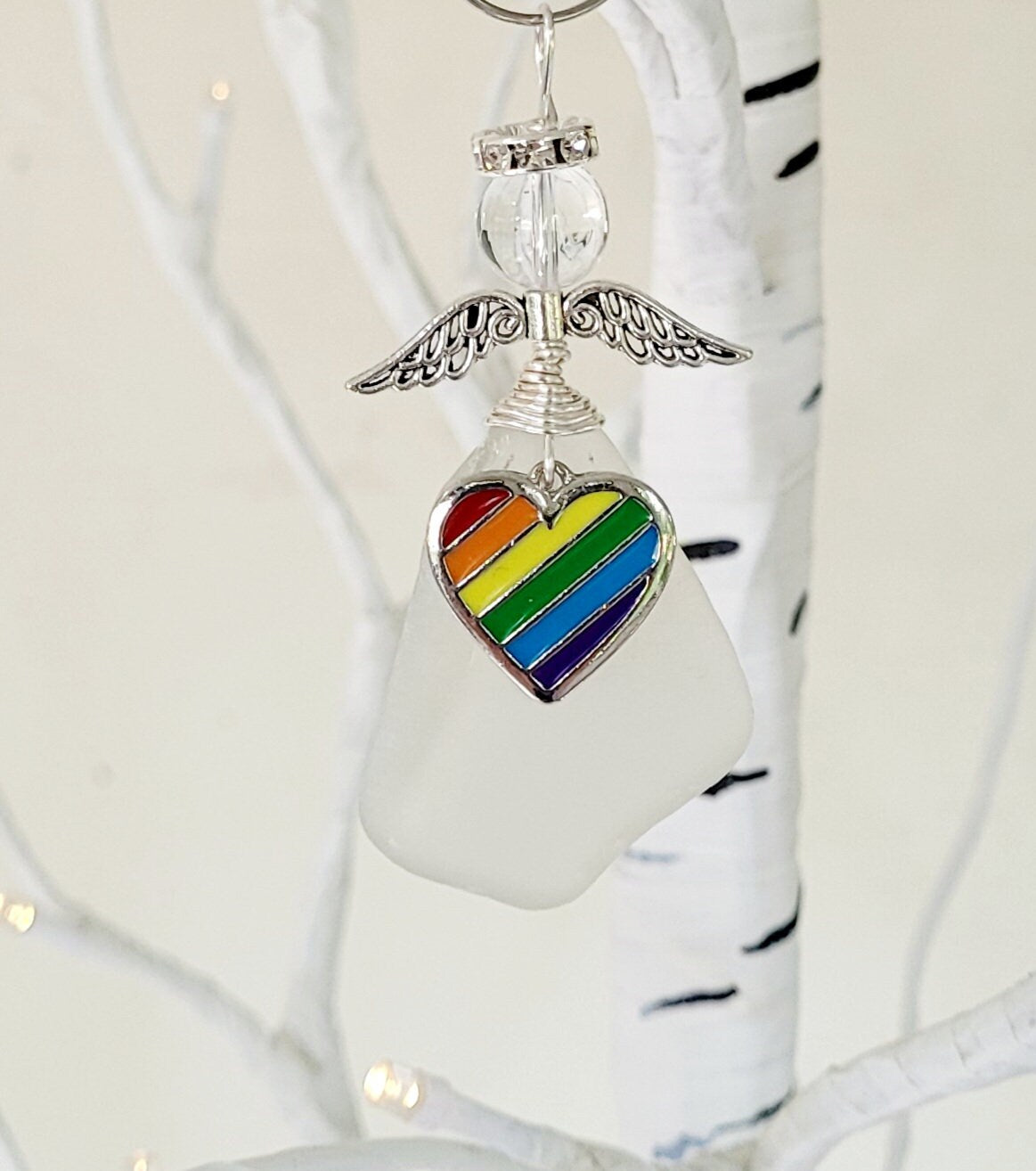Genuine Sea Glass Angel with Rainbow Heart Charm