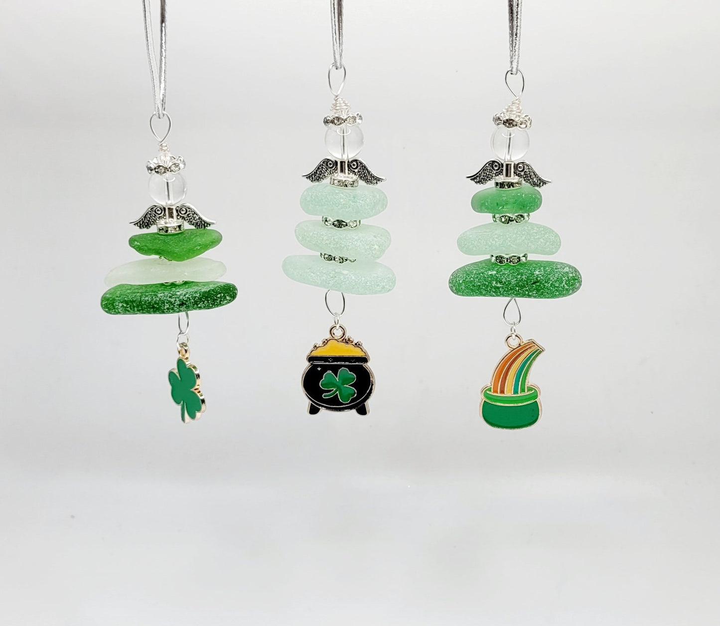 Genuine Sea Glass Angel with shamrock/Angel Car Charm/Angel Pendant/Angel Ornament/Angel Gift/St Patrick's Day/Gift for Her