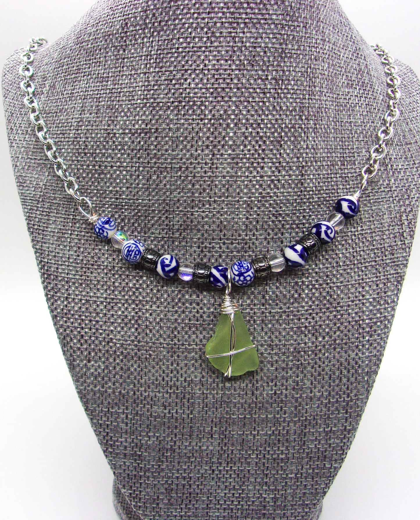 Sea Glass Necklace/Sea Glass Jewelry/Lake Erie Beach Glass and Crystal Charm Necklace/Genuine Sea Glass Jewelry/130