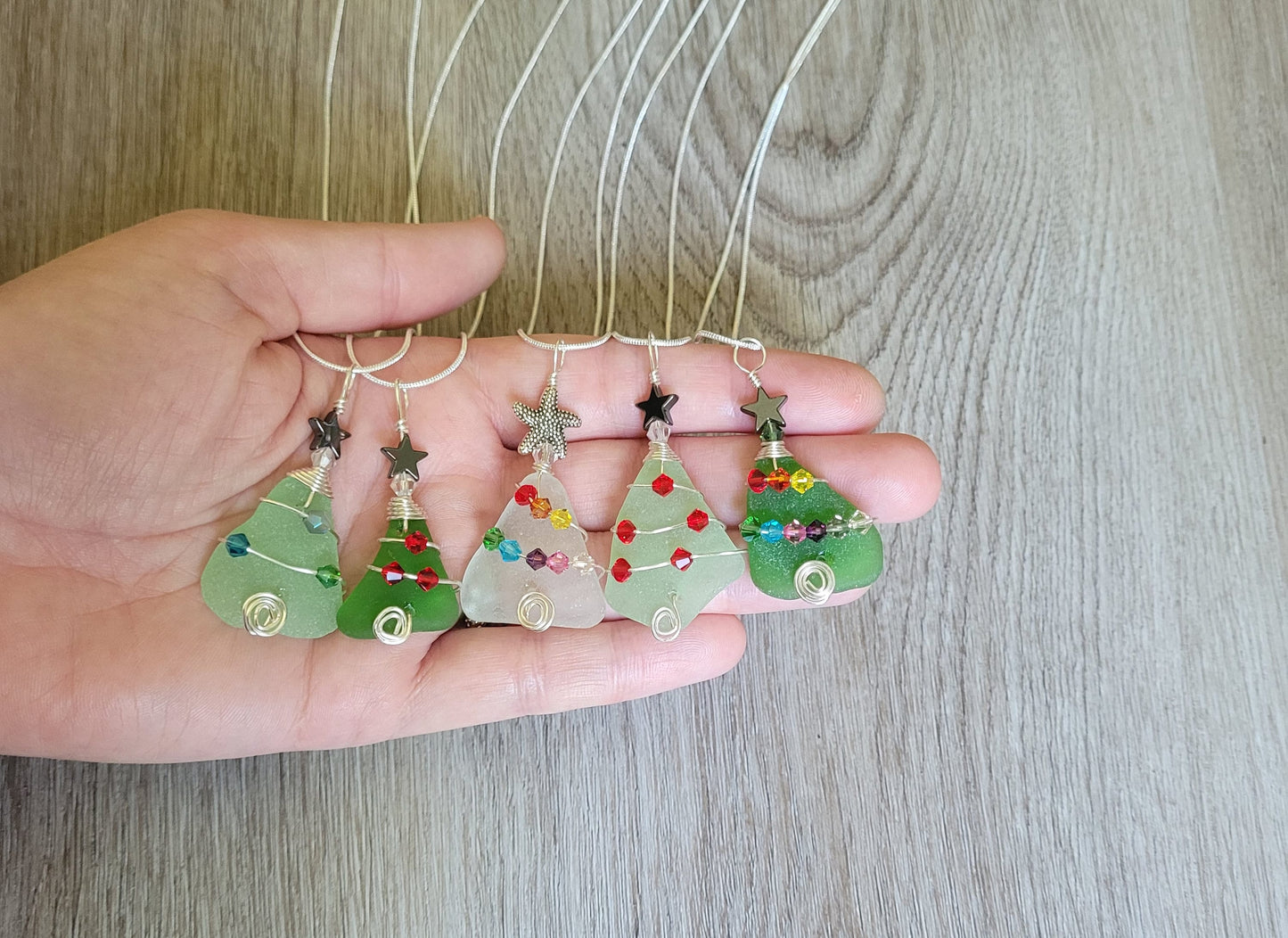 Genuine Sea Glass Christmas Tree Pendant/Coastal Ornament/Crystals