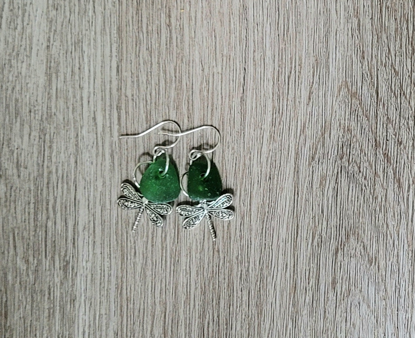 Genuine Sea Glass/Green Sea Glass Earrings/Dragonfly Earrings/Sea Glass and Sterling Silver Earrings/Gift for Her/Nautical Earrings