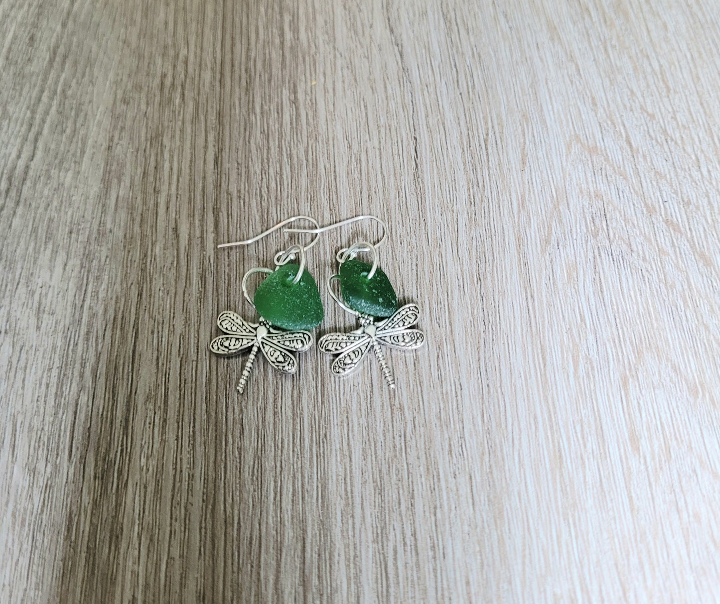 Genuine Sea Glass/Green Sea Glass Earrings/Dragonfly Earrings/Sea Glass and Sterling Silver Earrings/Gift for Her/Nautical Earrings