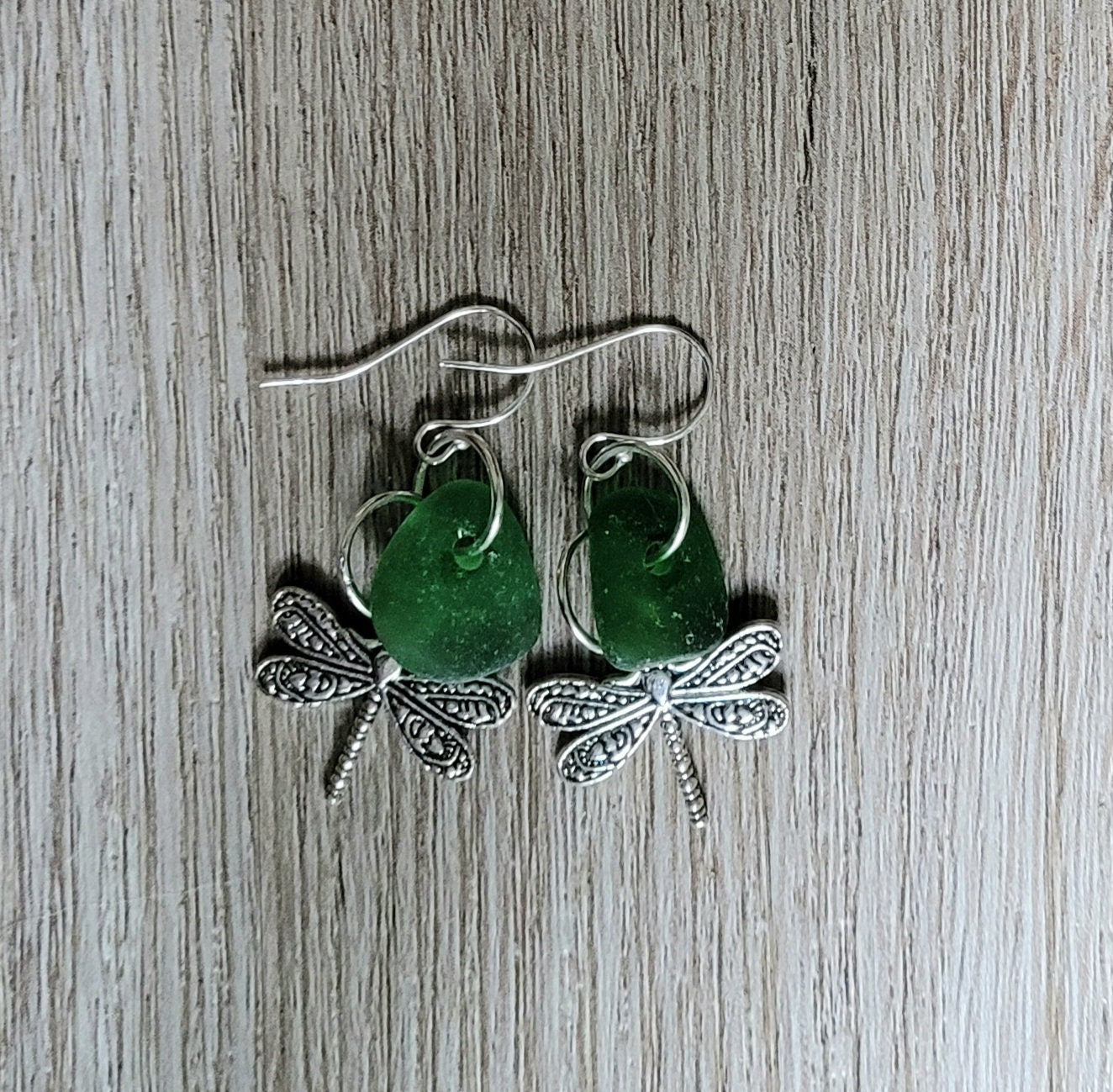 Genuine Sea Glass/Green Sea Glass Earrings/Dragonfly Earrings/Sea Glass and Sterling Silver Earrings/Gift for Her/Nautical Earrings