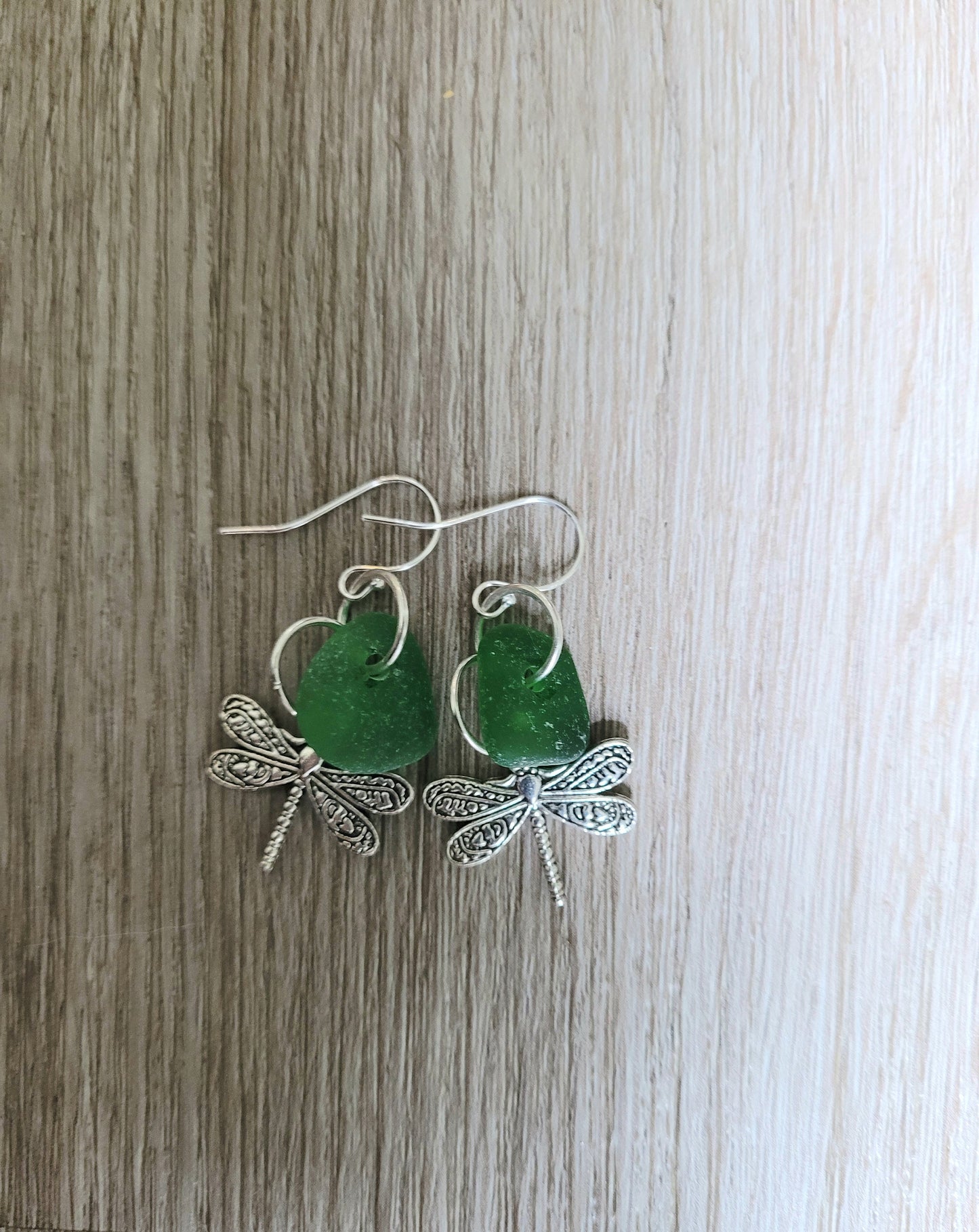 Genuine Sea Glass/Green Sea Glass Earrings/Dragonfly Earrings/Sea Glass and Sterling Silver Earrings/Gift for Her/Nautical Earrings