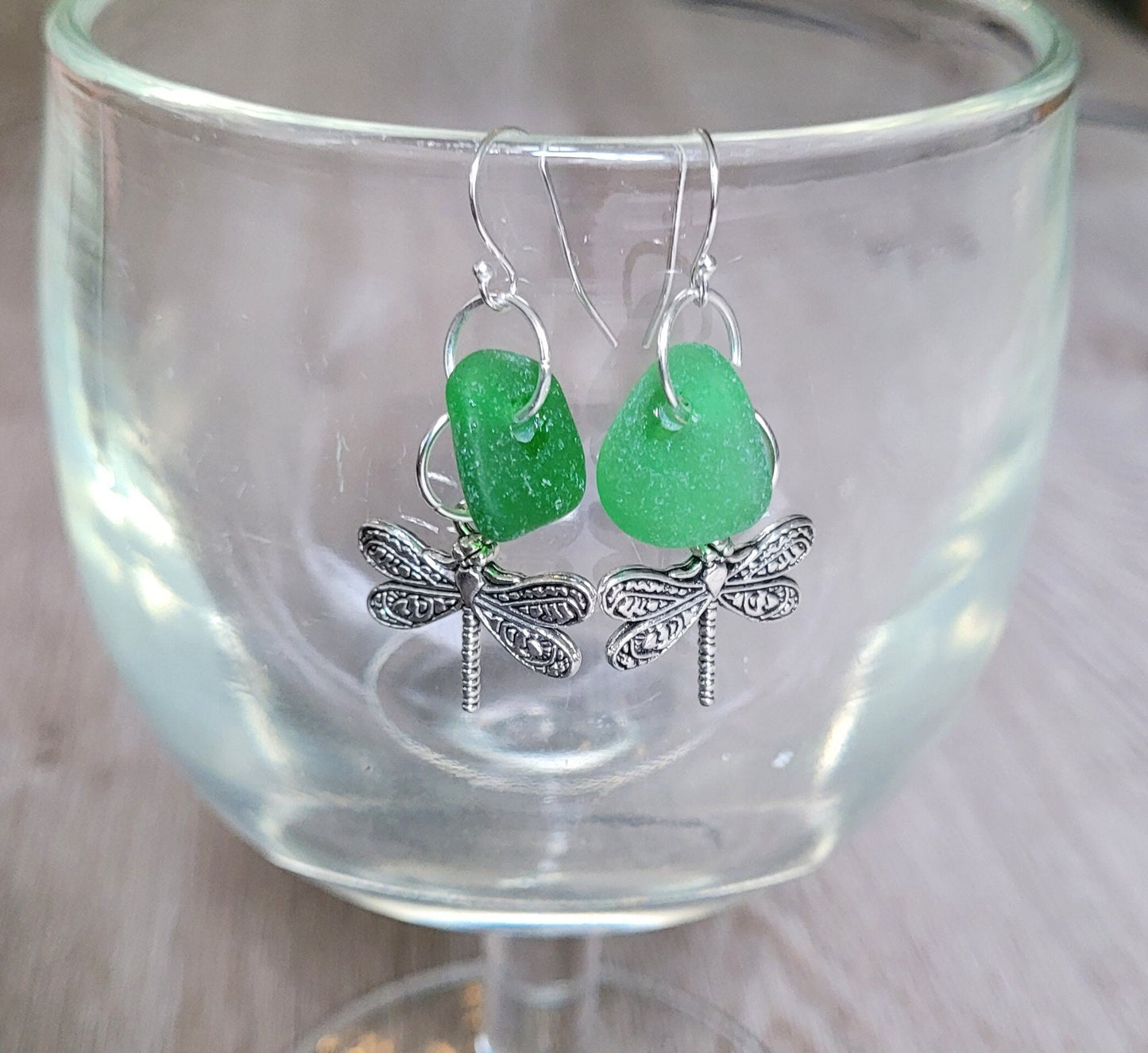 Genuine Sea Glass/Green Sea Glass Earrings/Dragonfly Earrings/Sea Glass and Sterling Silver Earrings/Gift for Her/Nautical Earrings