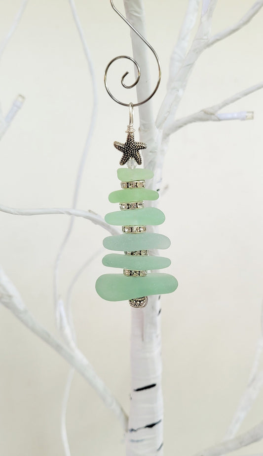 Sea Glass Christmas Tree Ornament/Small Sea Glass Pine Tree Ornament/Genuine Sea Glass Tree Ornament/6C