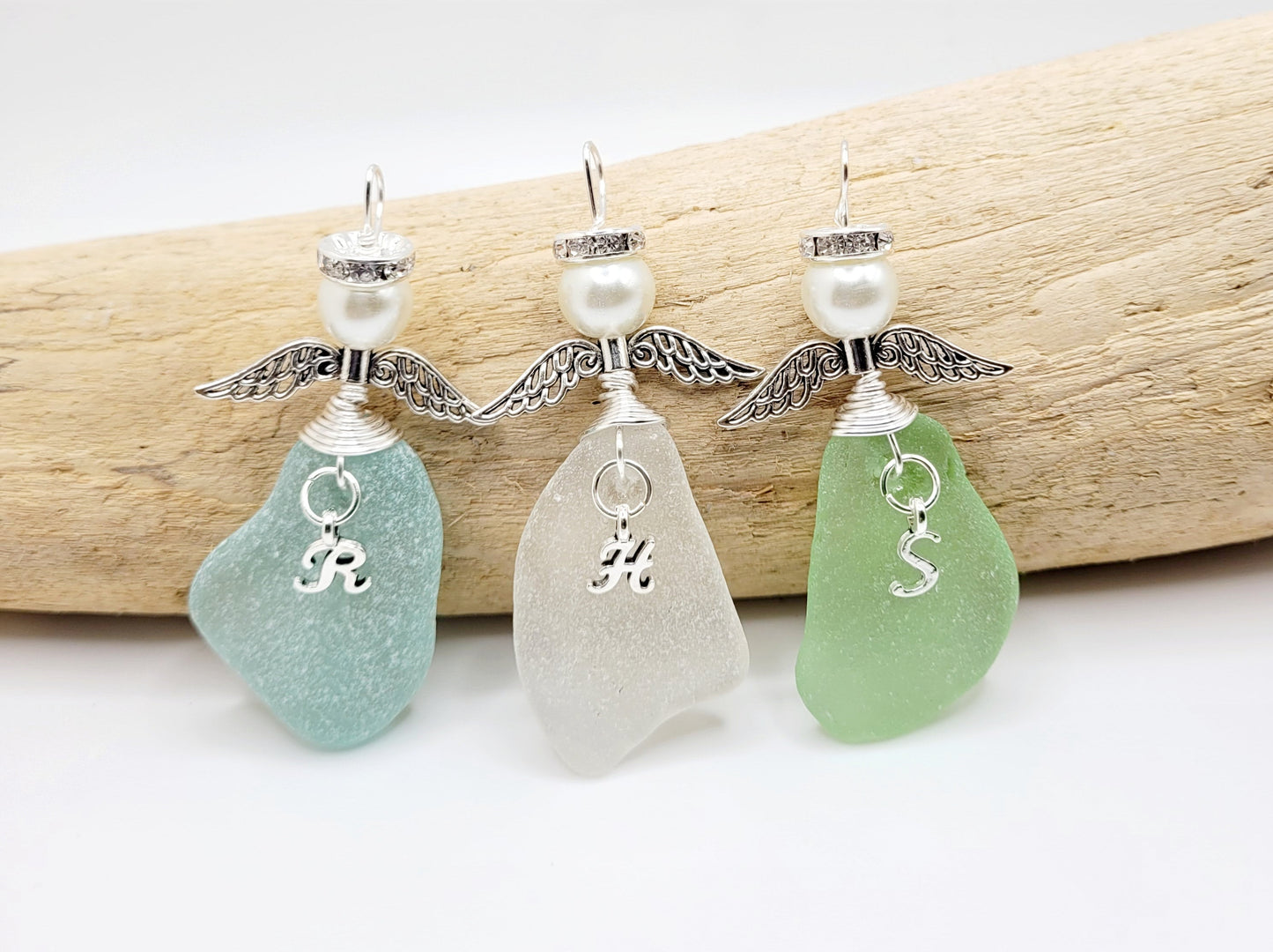 Genuine Sea Glass Angel with letter/personalized Angel/Angel Car Charm/Angel Pendant/Angel Ornament/Angel Gift/Gift for Friend