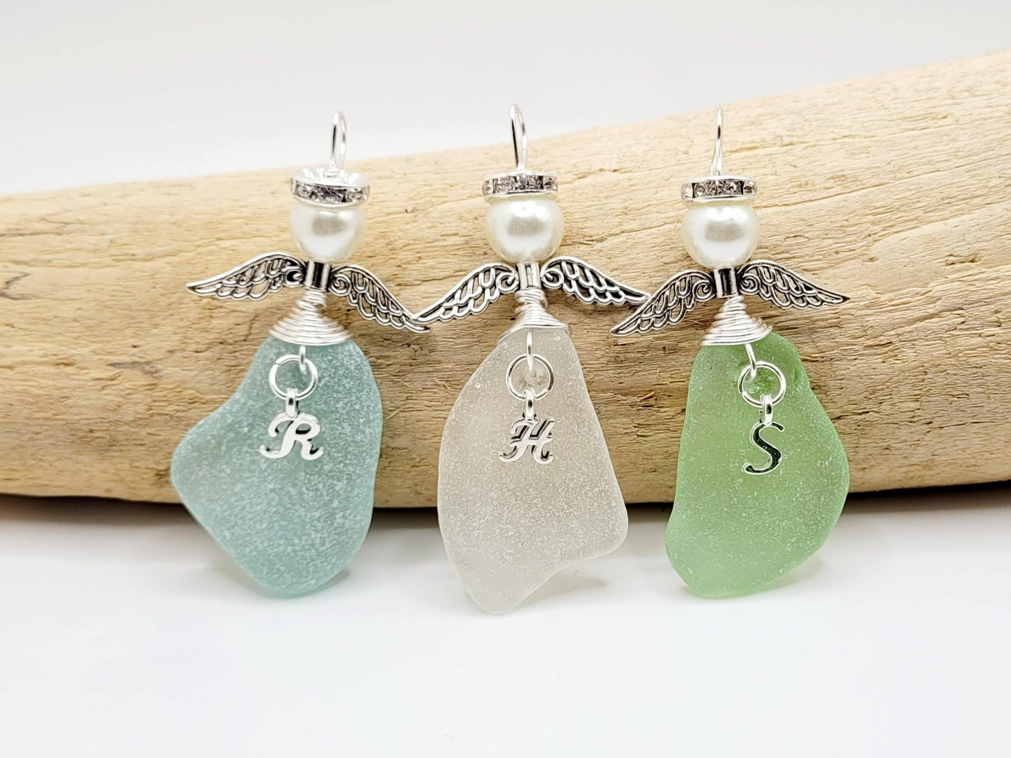 Genuine Sea Glass Angel with letter/personalized Angel/Angel Car Charm/Angel Pendant/Angel Ornament/Angel Gift/Gift for Friend