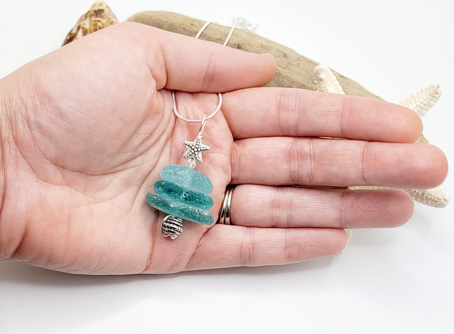 Genuine Sea Glass/Sea Glass Jewelry/Sea Glass Christmas Tree/Christmas Tree Pendant and Earrings/Holiday Jewelry/Christmas Necklace/172