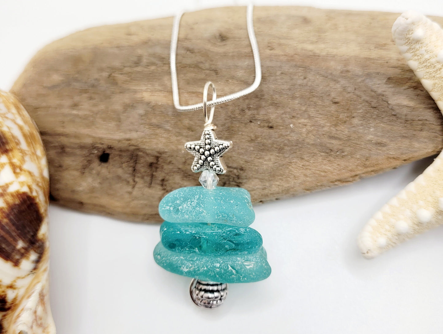 Genuine Sea Glass/Sea Glass Jewelry/Sea Glass Christmas Tree/Christmas Tree Pendant and Earrings/Holiday Jewelry/Christmas Necklace/172