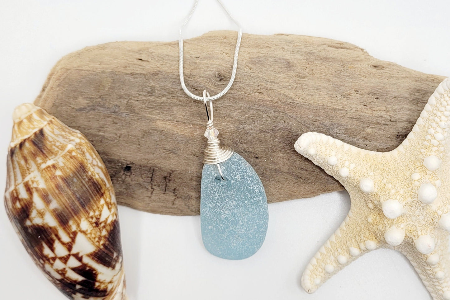 Genuine Sea Glass/Sea Glass and Sterling Silver Necklace/Powder Blue Sea Glass Pendant/Genuine Sea Glass Jewelry/5A