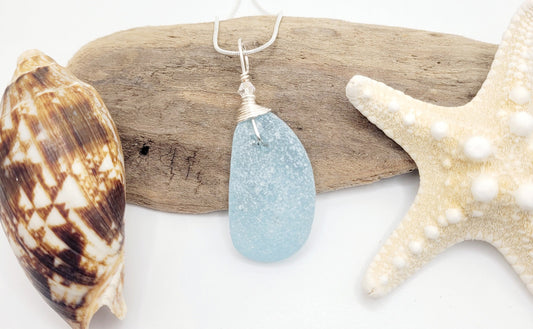 Genuine Sea Glass/Sea Glass and Sterling Silver Necklace/Powder Blue Sea Glass Pendant/Genuine Sea Glass Jewelry/5A