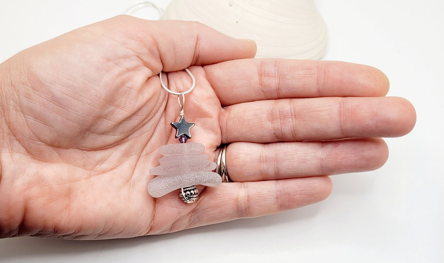 Genuine Sea Glass/Sea Glass Jewelry/Sea Glass Christmas Tree/Christmas Tree Pendant and Earrings/Holiday Jewelry/Christmas Necklace/171