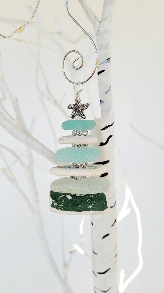 Sea Glass Christmas Tree Ornament/Sea Glass Pine Tree Ornament/Sea Pottery/Genuine Sea Glass Tree Ornament/127