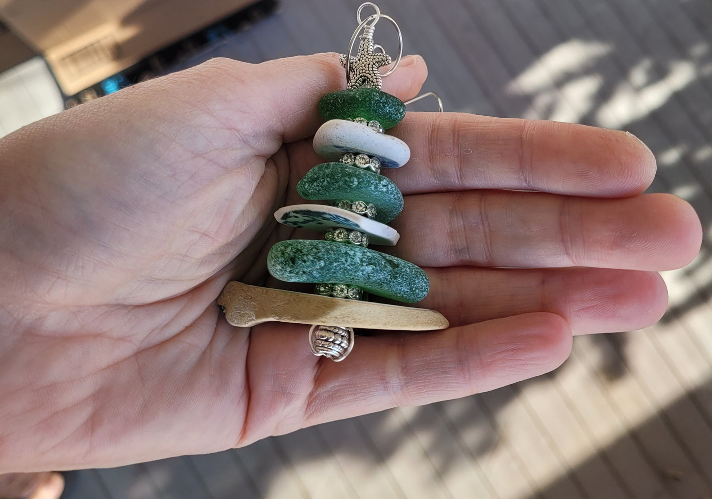 Sea Glass Christmas Tree Ornament/Sea Glass Pine Tree Ornament/Sea Pottery/Genuine Sea Glass Tree Ornament/114