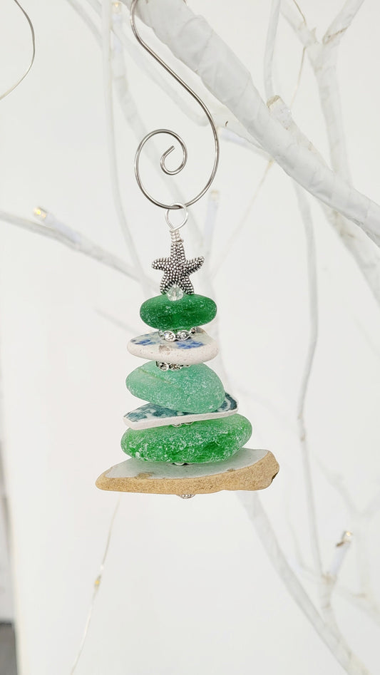 Sea Glass Christmas Tree Ornament/Sea Glass Pine Tree Ornament/Sea Pottery/Genuine Sea Glass Tree Ornament/114