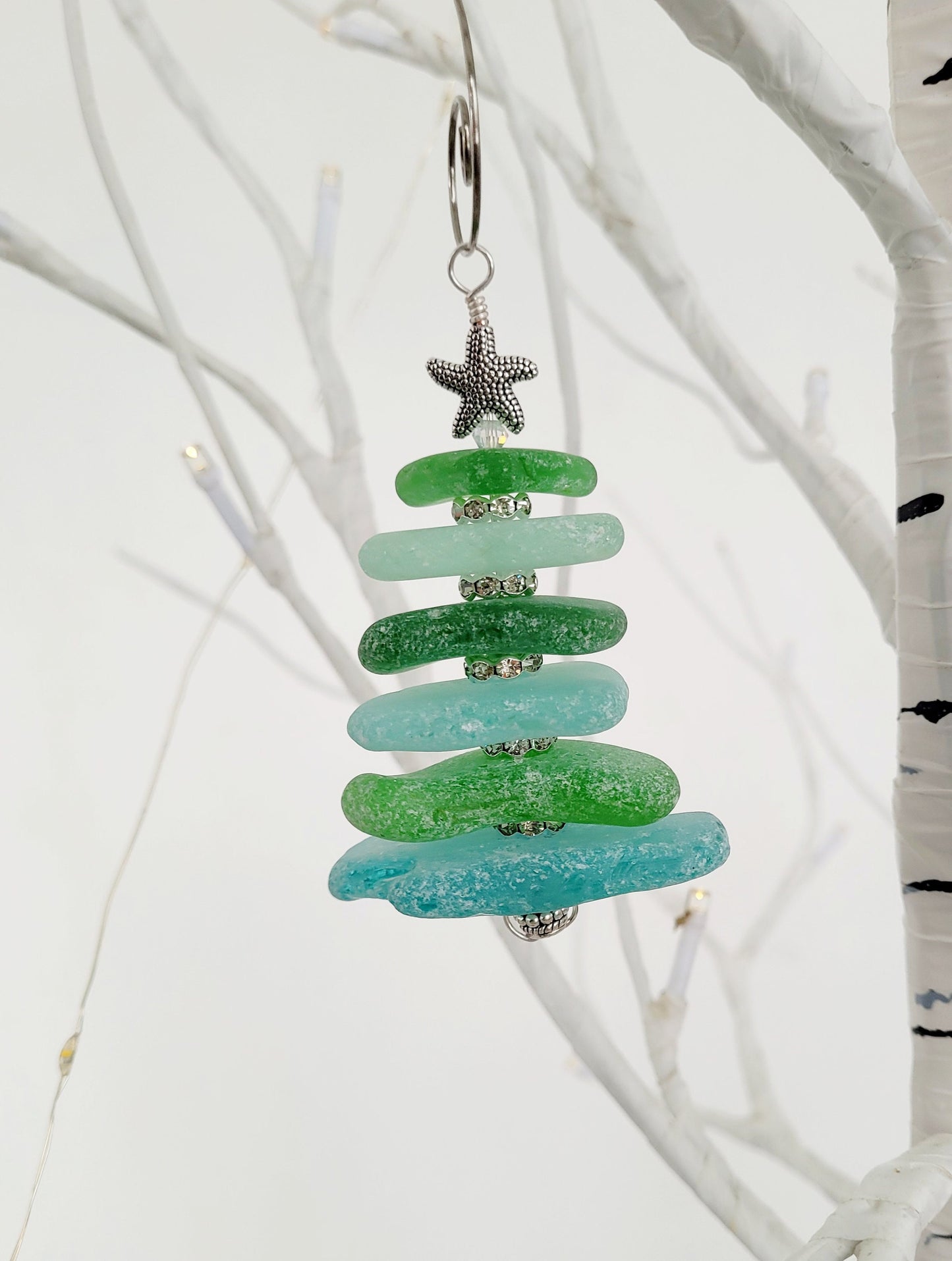 Sea Glass Christmas Tree Ornament/Green and Aqua Sea Glass/Sea Glass Pine Tree Ornament/Genuine Sea Glass Tree Ornament/61