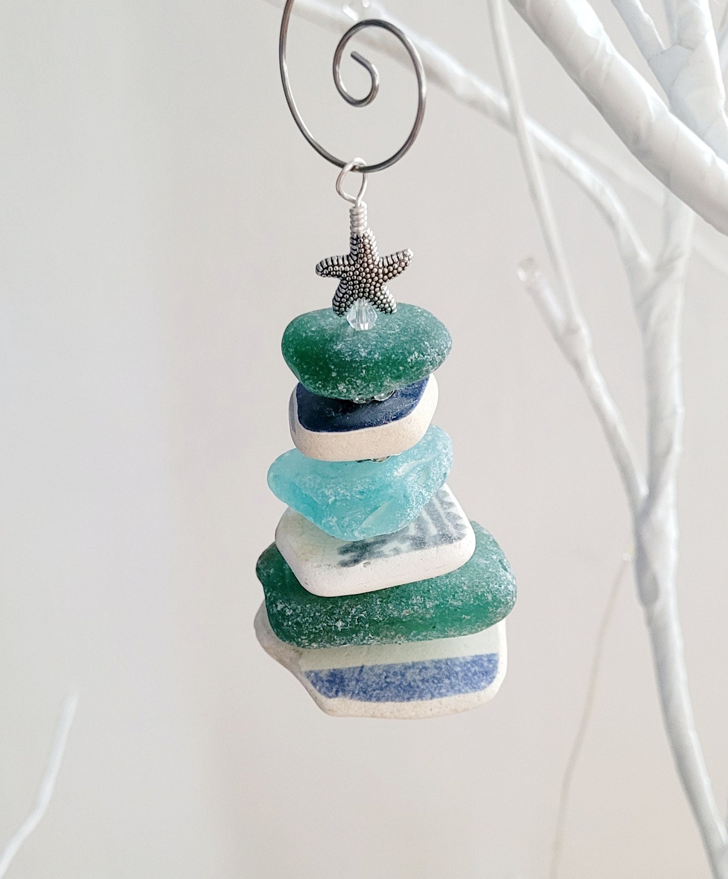 Sea Glass Christmas Tree Ornament/Sea Glass Pine Tree Ornament/Sea Pottery/Genuine Sea Glass Tree Ornament/85