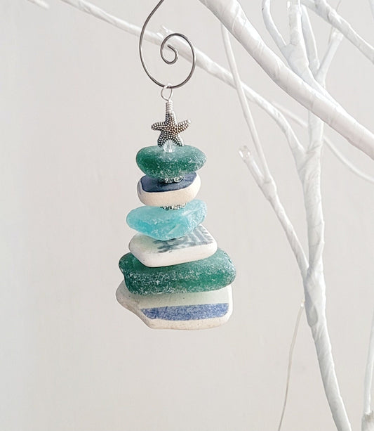 Sea Glass Christmas Tree Ornament/Sea Glass Pine Tree Ornament/Sea Pottery/Genuine Sea Glass Tree Ornament/85