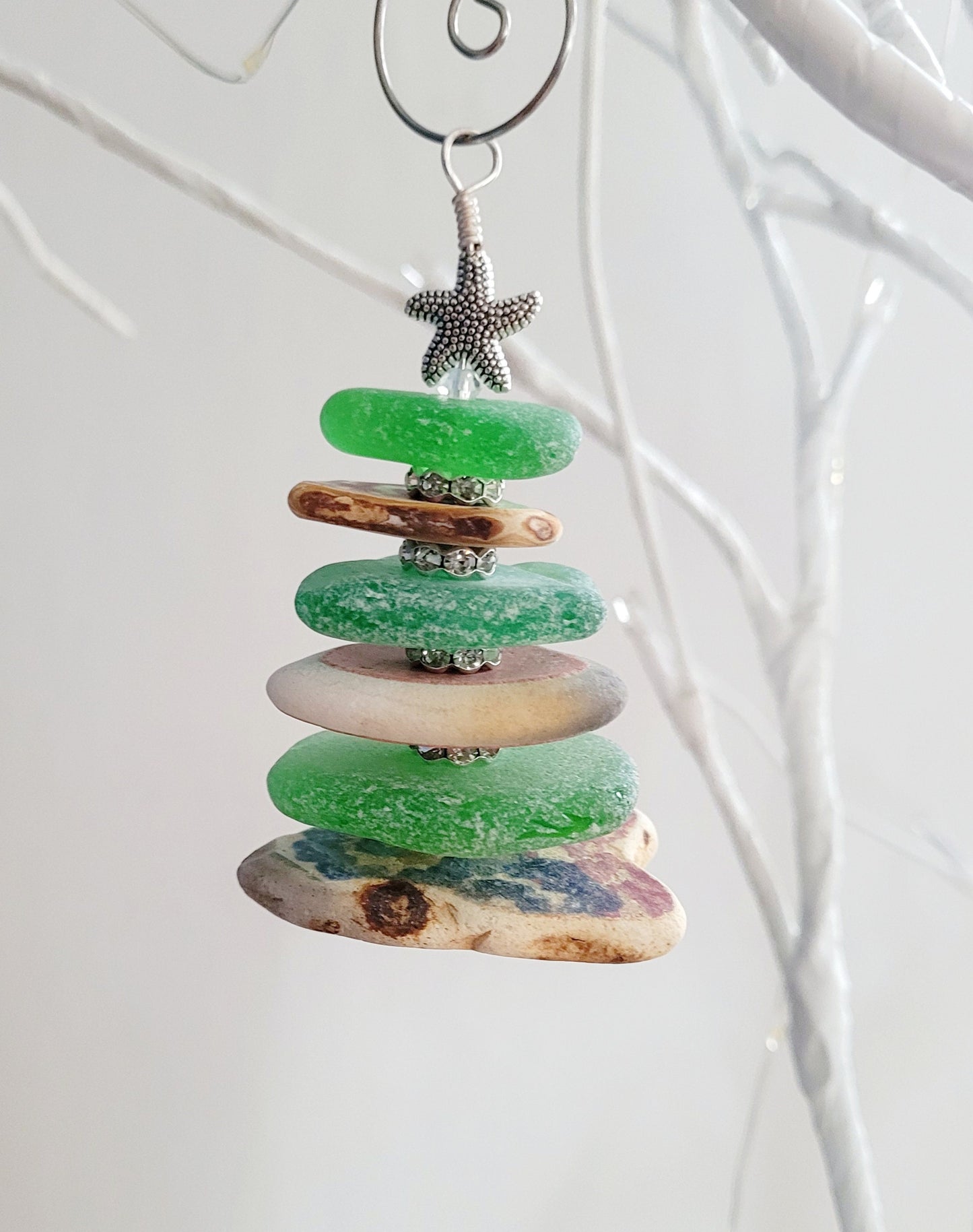 Sea Glass Christmas Tree Ornament/Sea Glass Pine Tree Ornament/Sea Pottery/Genuine Sea Glass Tree Ornament/83