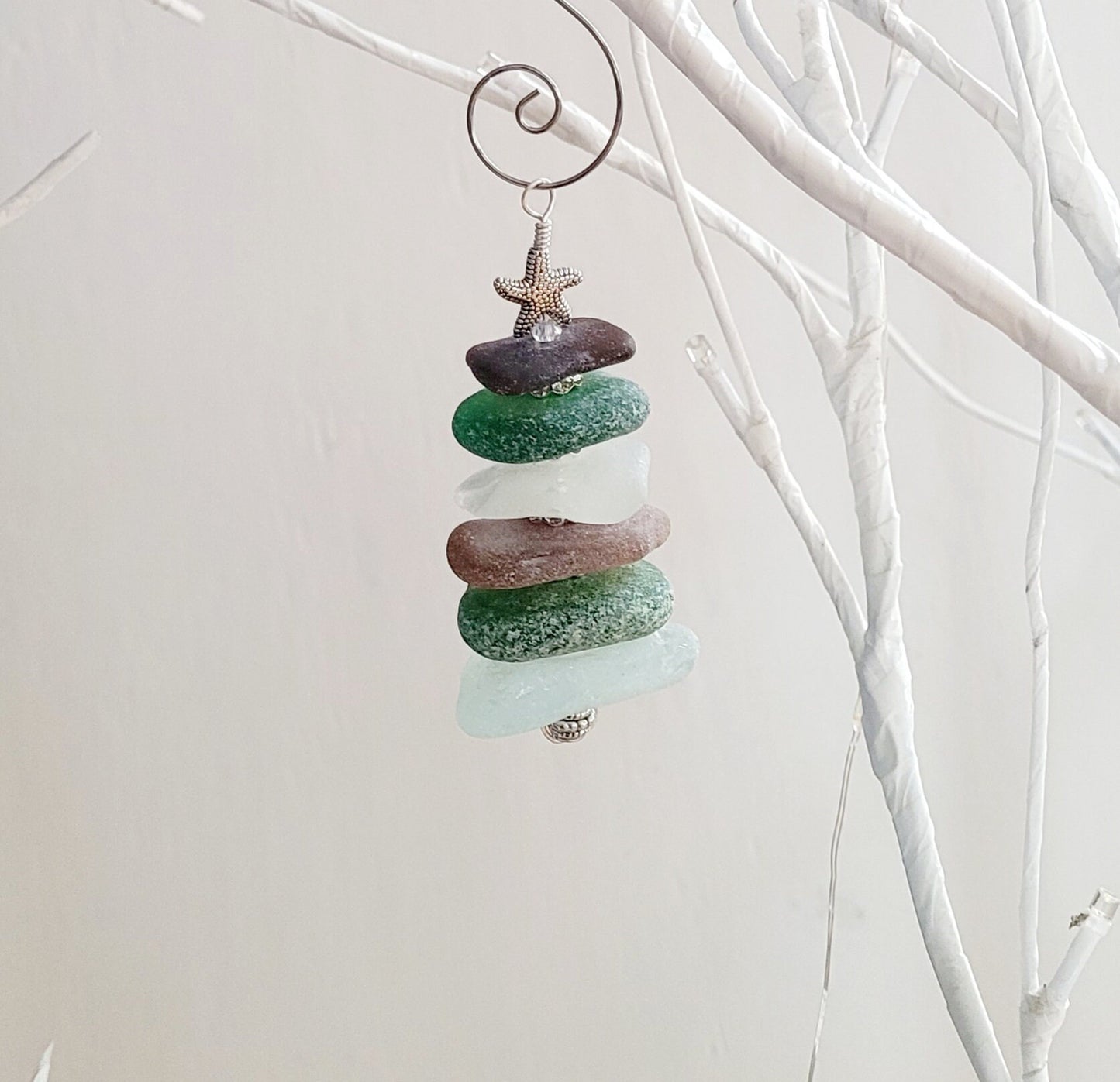 Sea Glass Christmas Tree Ornament/Green and Aqua Sea Glass/Sea Glass Pine Tree Ornament/Genuine Sea Glass Tree Ornament/82