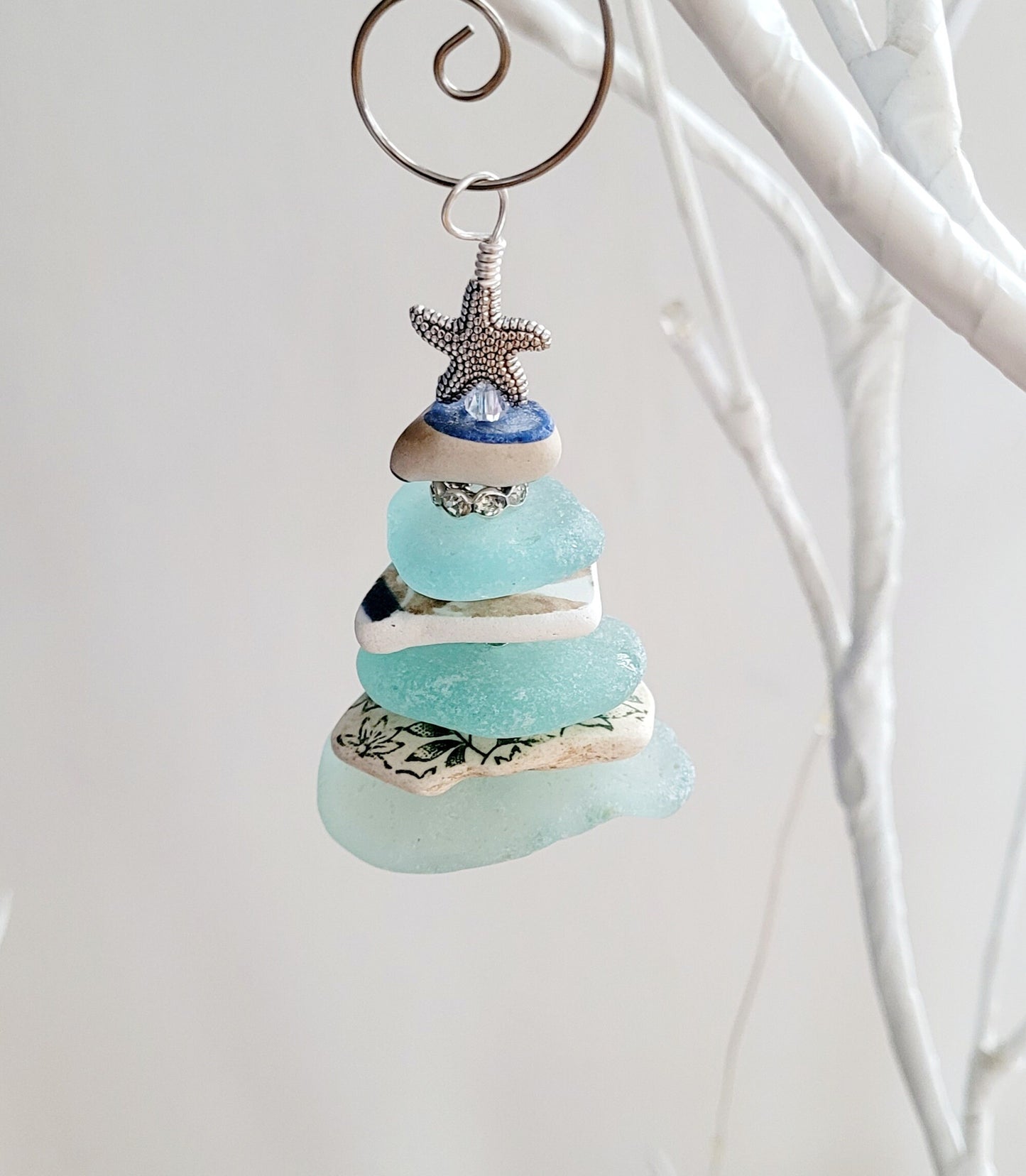 Sea Glass Christmas Tree Ornament/Sea Glass Pine Tree Ornament/Sea Pottery/Genuine Sea Glass Tree Ornament/97