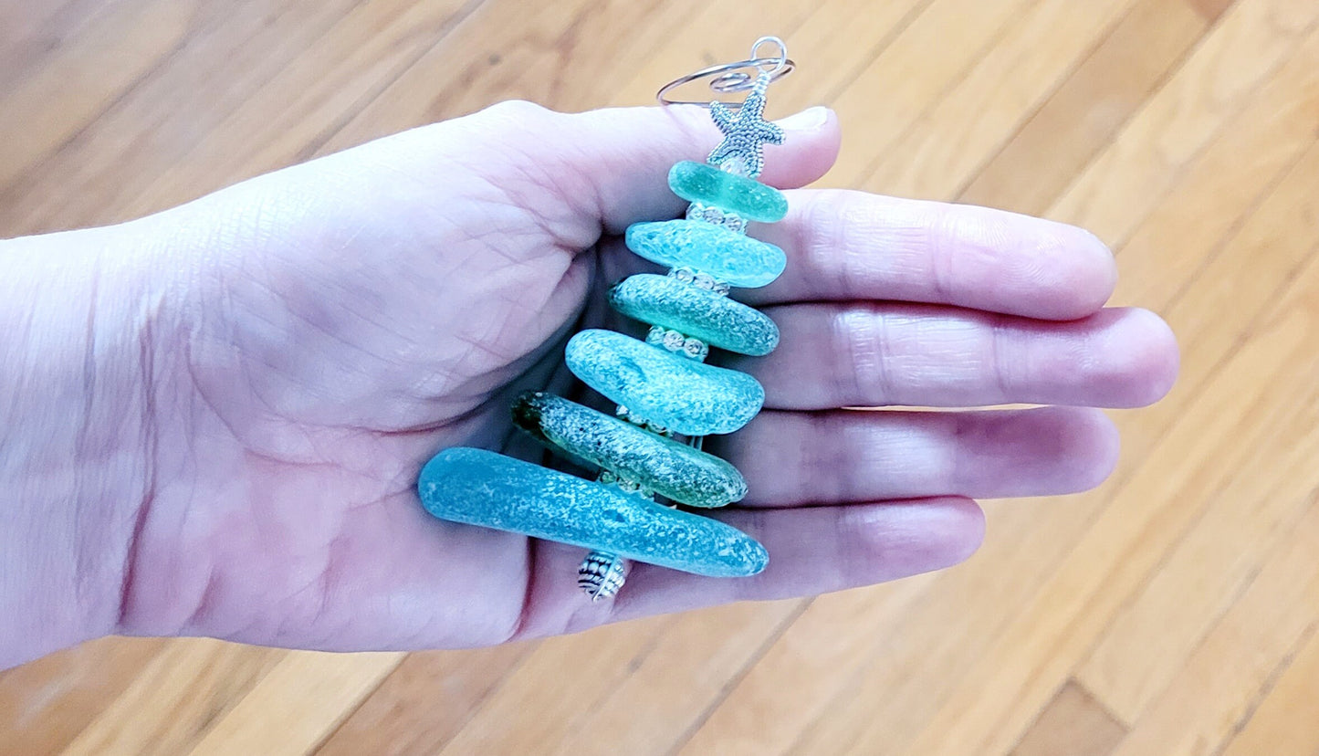 Sea Glass Christmas Tree Ornament/Green and Aqua Sea Glass/Sea Glass Pine Tree Ornament/Genuine Sea Glass Tree Ornament/95