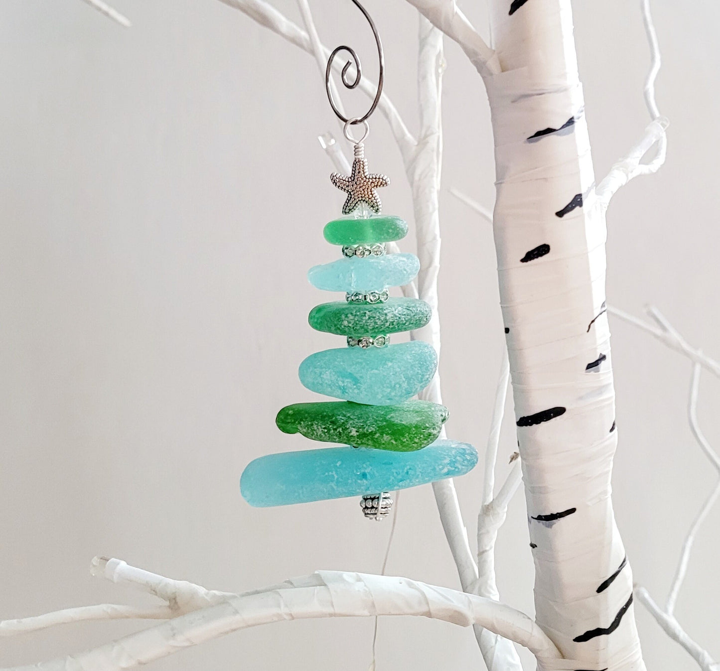 Sea Glass Christmas Tree Ornament/Green and Aqua Sea Glass/Sea Glass Pine Tree Ornament/Genuine Sea Glass Tree Ornament/95