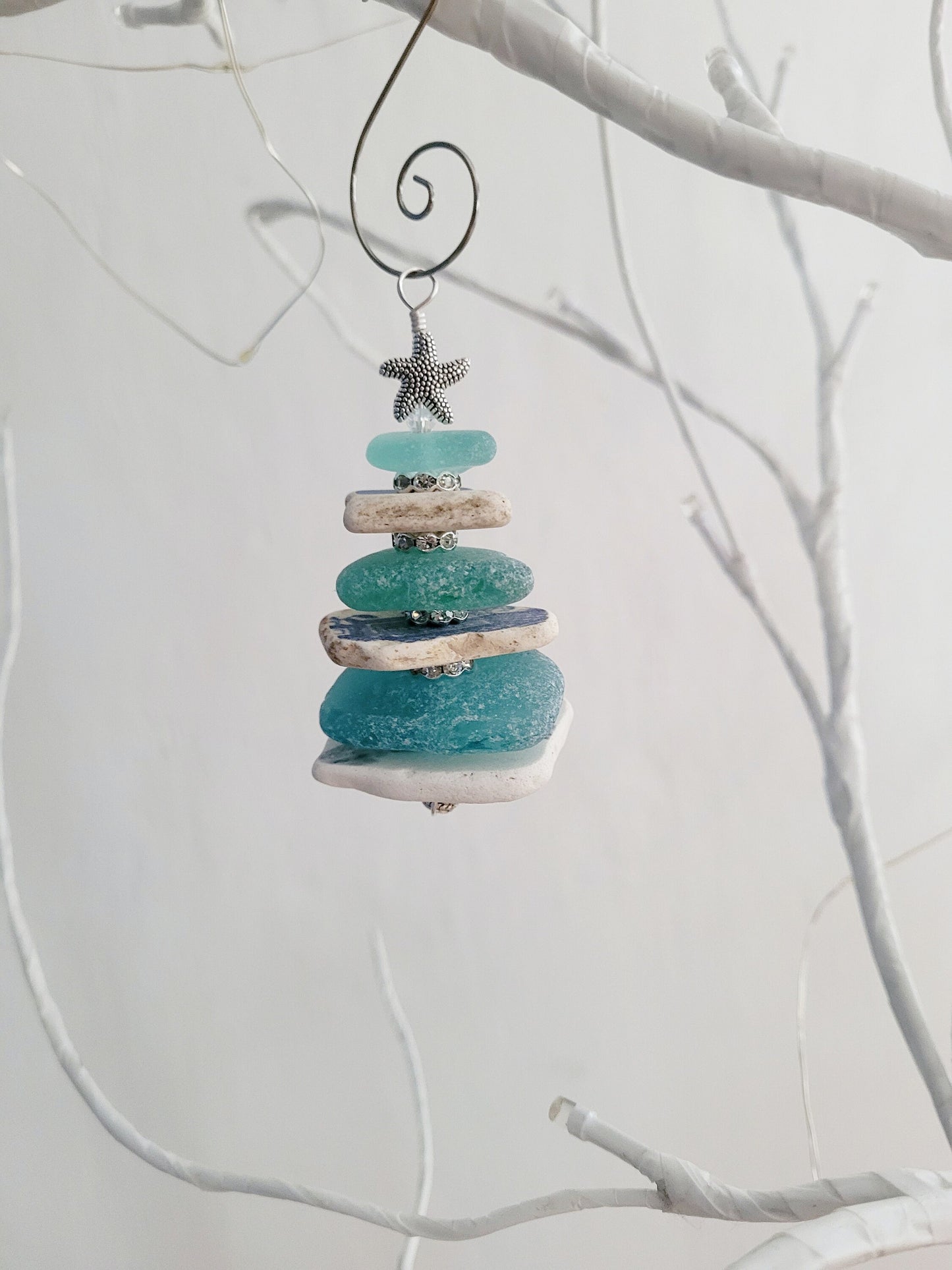 Sea Glass Christmas Tree Ornament/Sea Glass Pine Tree Ornament/Sea Pottery/Genuine Sea Glass Tree Ornament/73