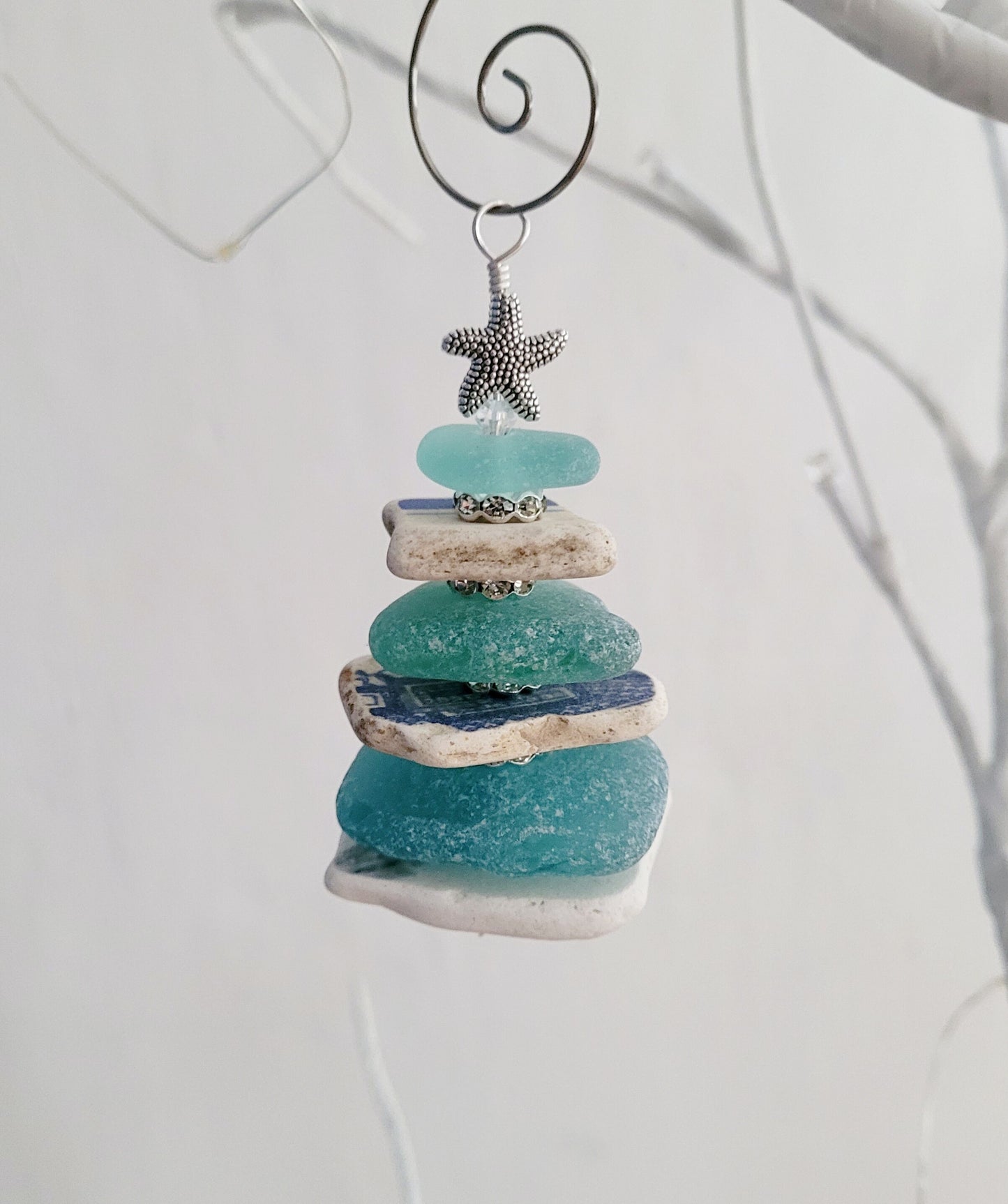 Sea Glass Christmas Tree Ornament/Sea Glass Pine Tree Ornament/Sea Pottery/Genuine Sea Glass Tree Ornament/73