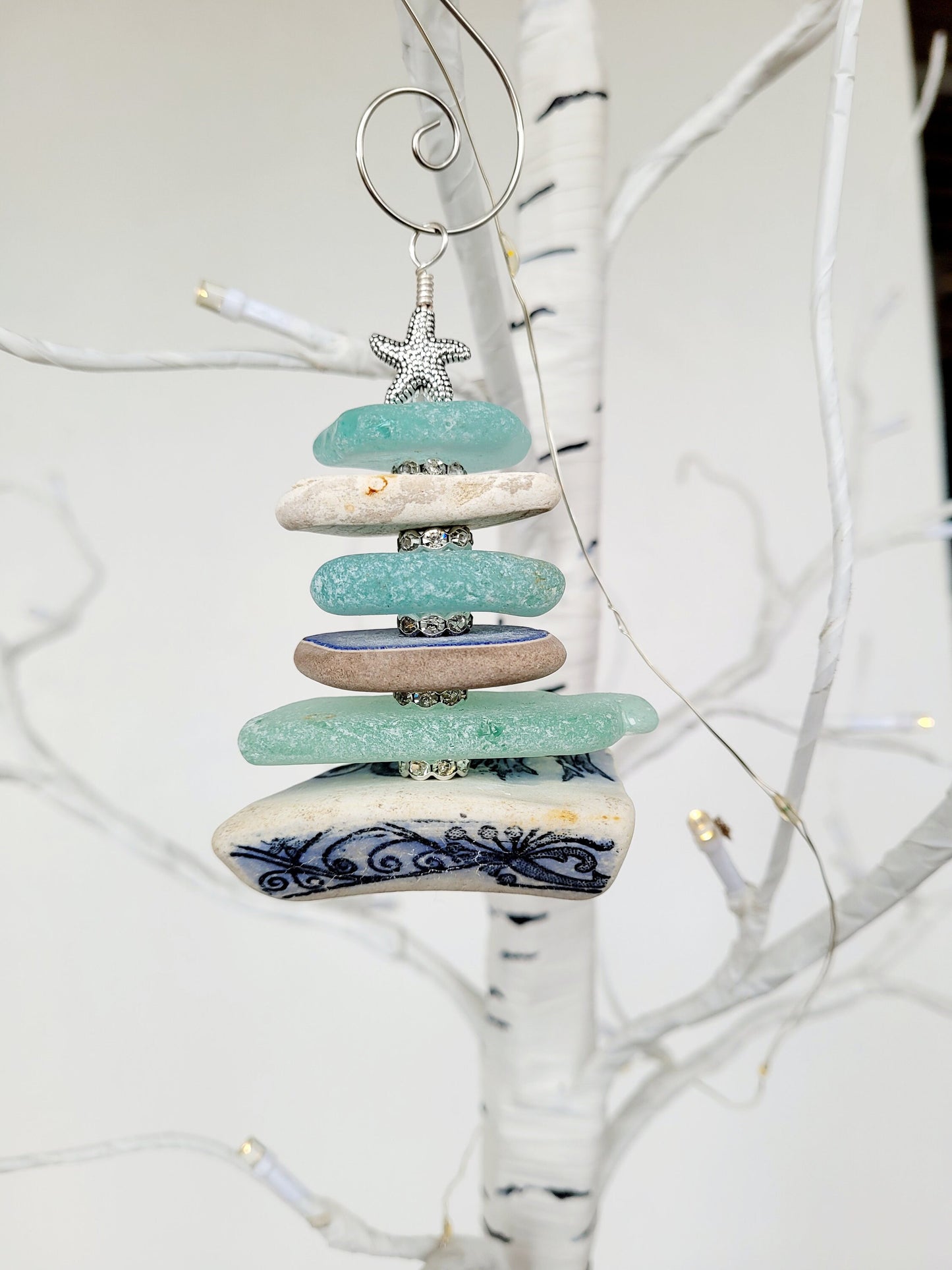 Sea Glass Christmas Tree Ornament/Sea Glass Pine Tree Ornament/Sea Pottery/Genuine Sea Glass Tree Ornament/60