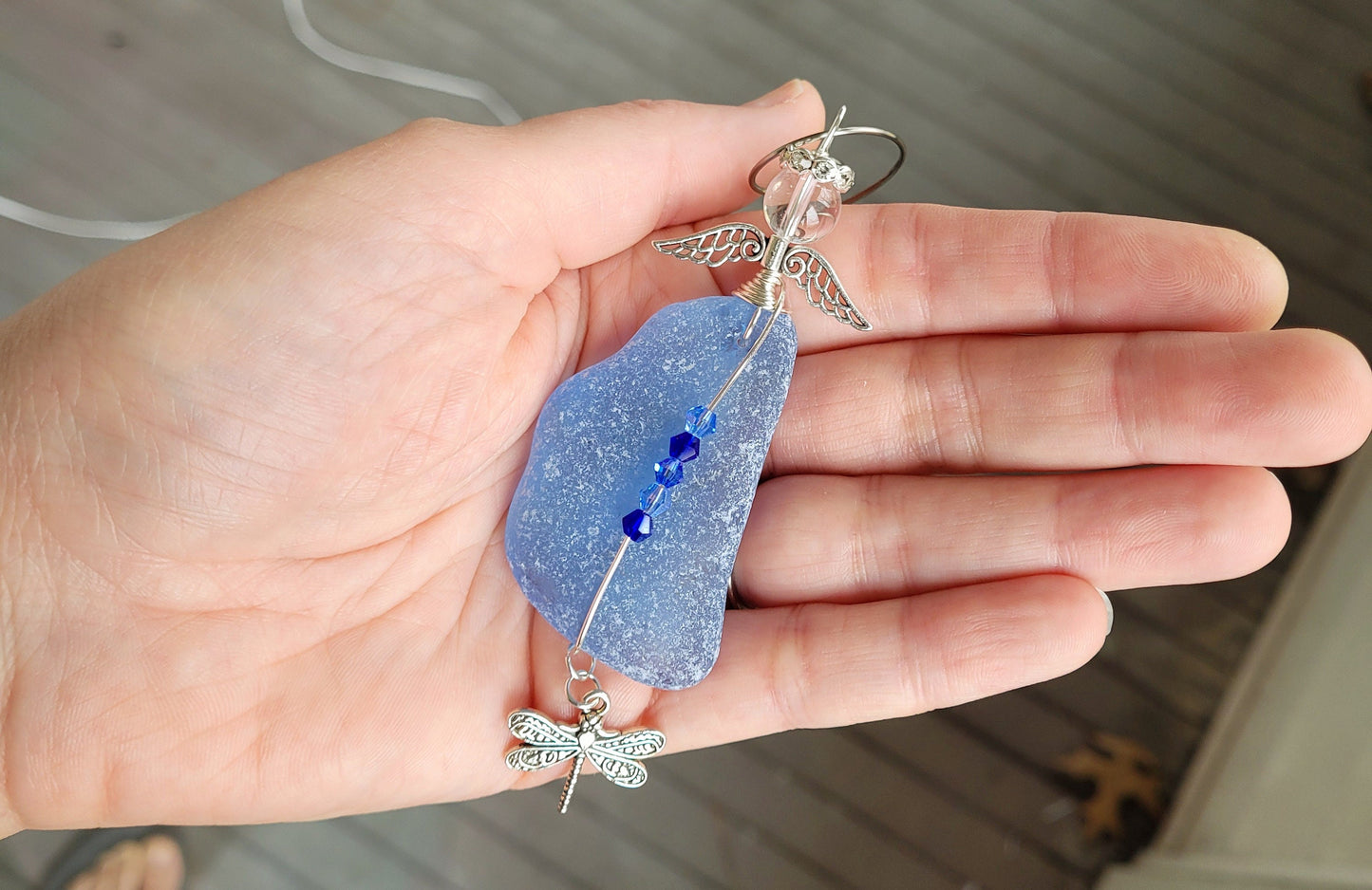 Sea Glass Guardian Angel/Large Genuine Sea Glass Angel/Rare Cornflower Blue Sea GlassAngel Ornament/Christmas Ornament/car charm/12