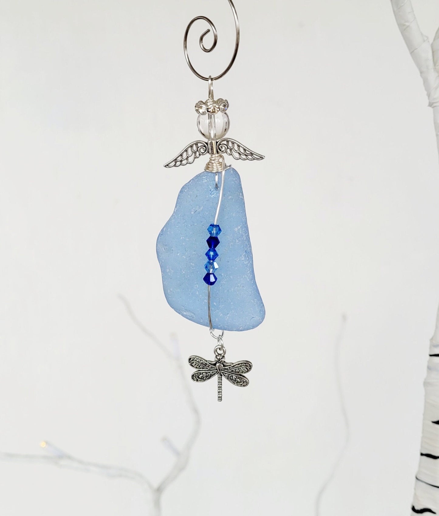 Sea Glass Guardian Angel/Large Genuine Sea Glass Angel/Rare Cornflower Blue Sea GlassAngel Ornament/Christmas Ornament/car charm/12