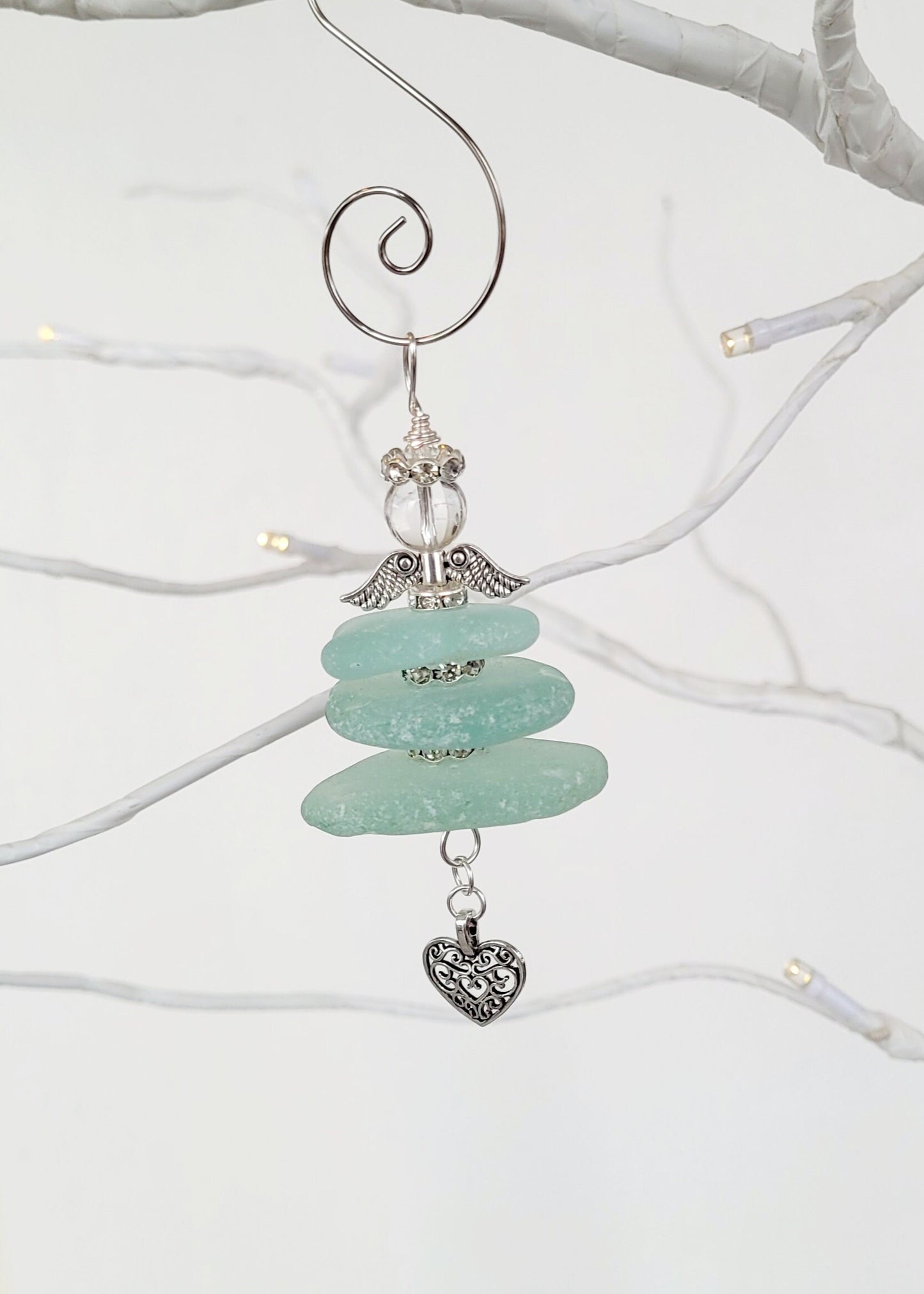 Genuine Sea Glass Angel Sun Catcher with heart charm/Angel Car Charm/Angel Pendant/Angel Ornament/Angel Gift/Gift for Her/29