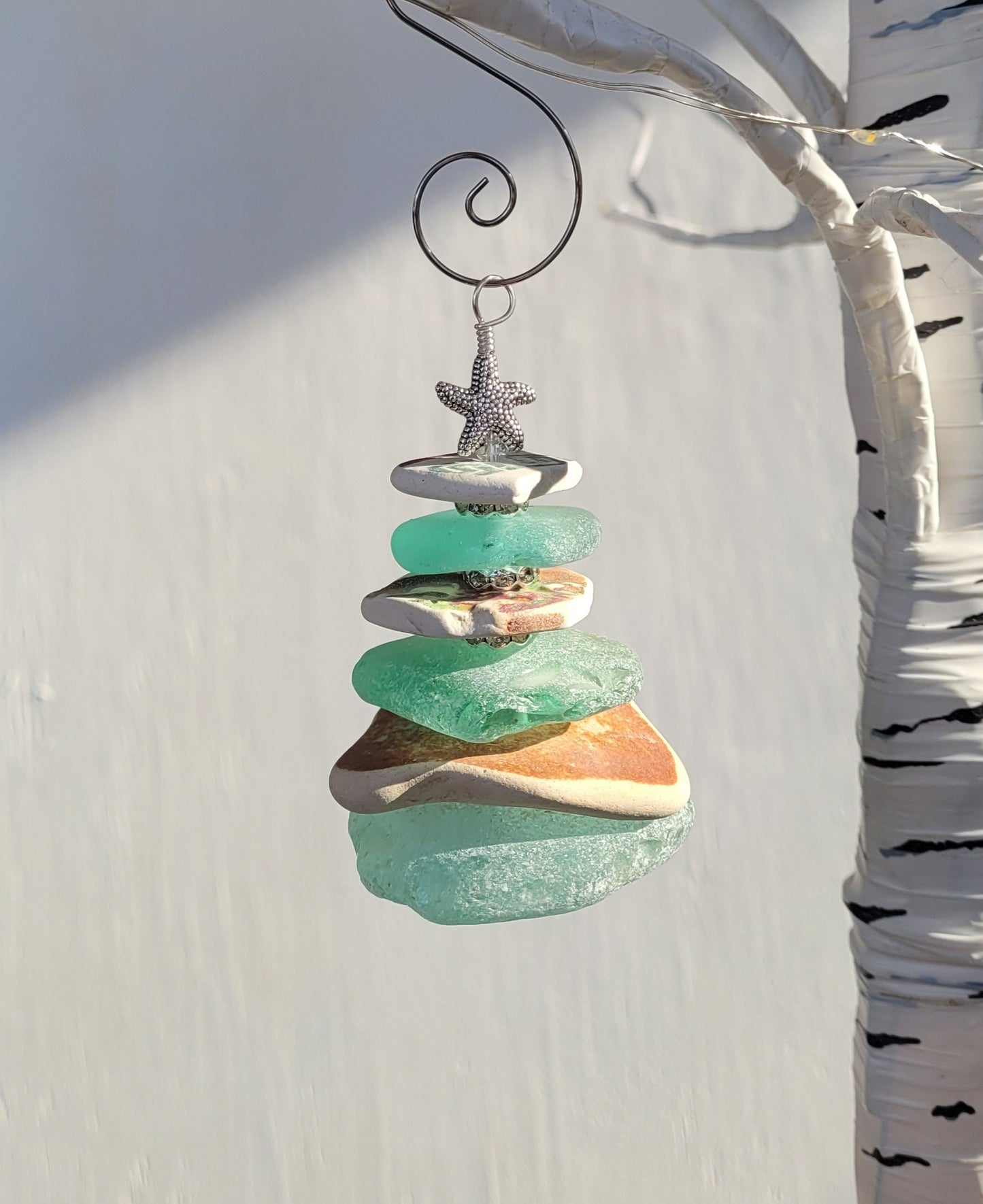 Sea Glass Christmas Tree Ornament/Sea Glass Pine Tree Ornament/Sea Pottery/Genuine Sea Glass Tree Ornament/115