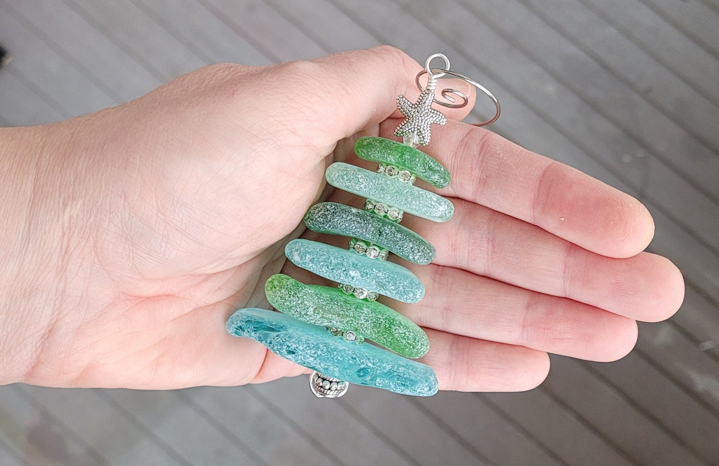 Sea Glass Christmas Tree Ornament/Green and Aqua Sea Glass/Sea Glass Pine Tree Ornament/Genuine Sea Glass Tree Ornament/61