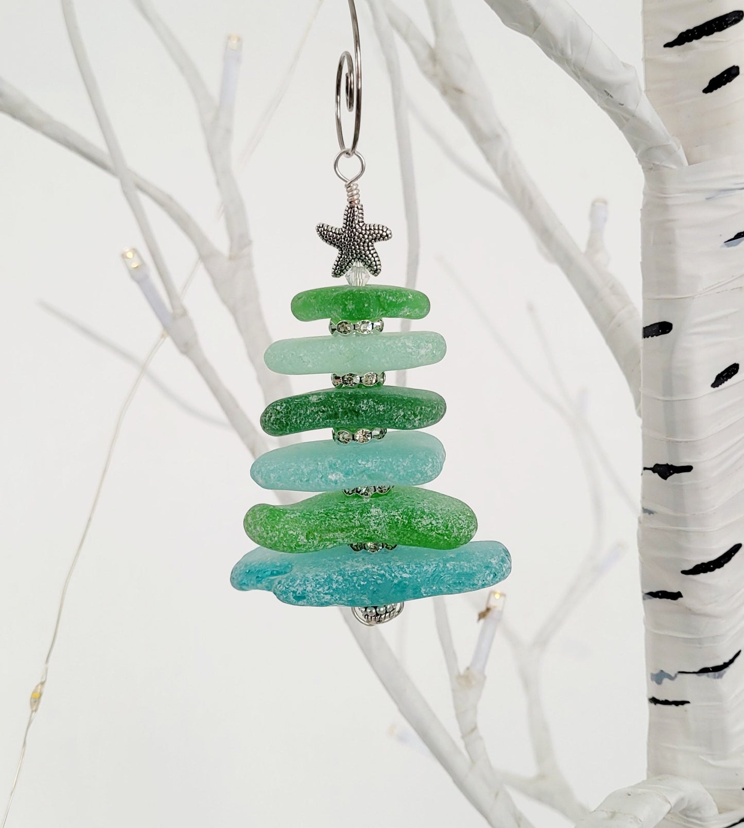 Sea Glass Christmas Tree Ornament/Green and Aqua Sea Glass/Sea Glass Pine Tree Ornament/Genuine Sea Glass Tree Ornament/61