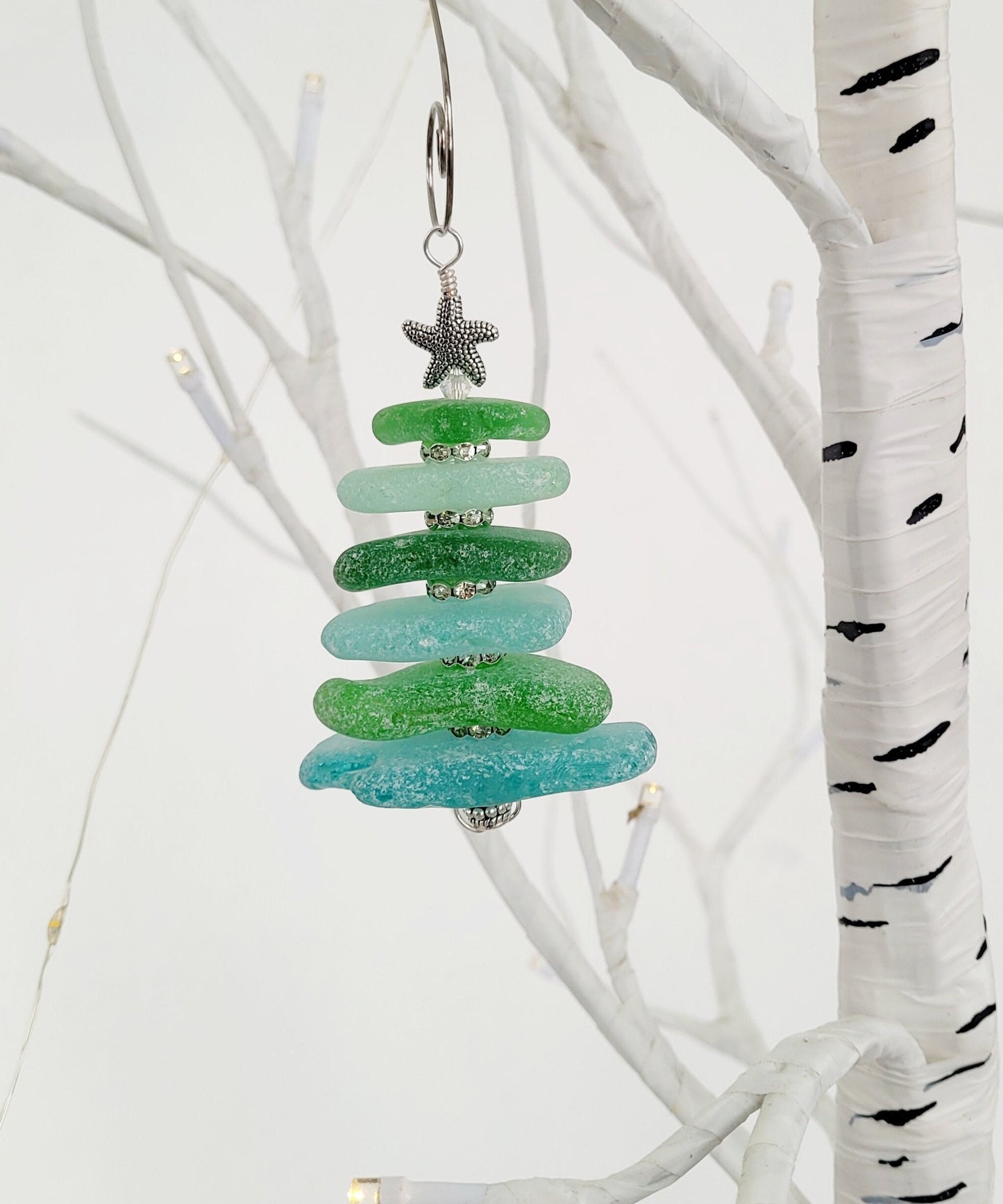 Sea Glass Christmas Tree Ornament/Green and Aqua Sea Glass/Sea Glass Pine Tree Ornament/Genuine Sea Glass Tree Ornament/61