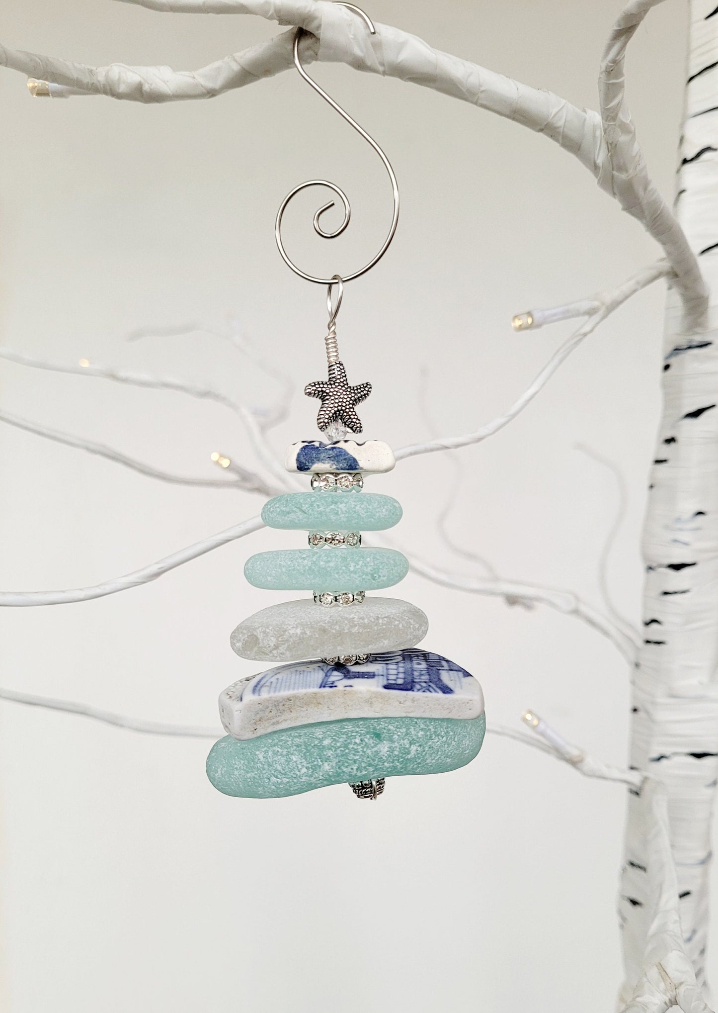 Sea Glass Christmas Tree Ornament/Sea Glass Pine Tree Ornament/Sea Pottery/Genuine Sea Glass Tree Ornament/70