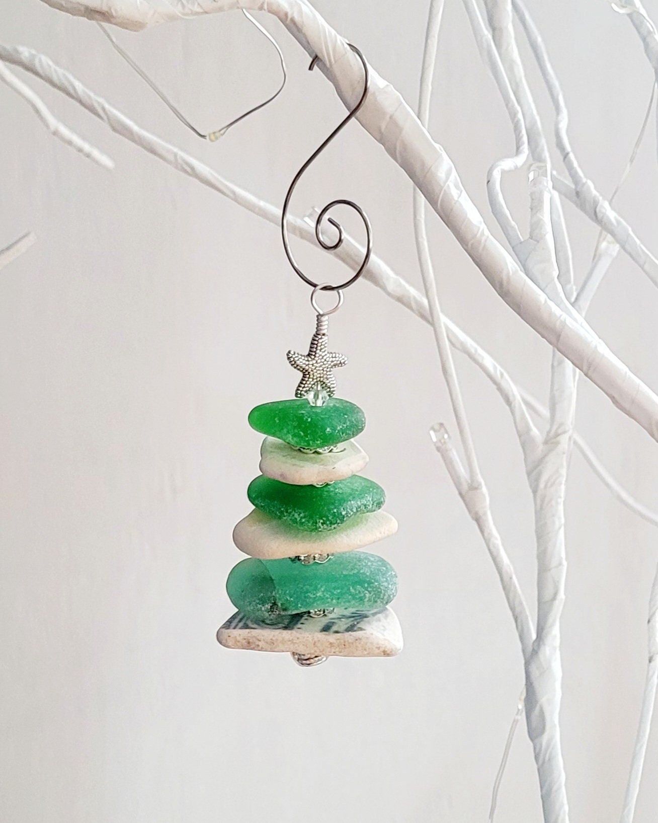 Sea Glass Christmas Tree Ornament/Sea Glass Pine Tree Ornament/Sea Pottery/Genuine Sea Glass Tree Ornament/84