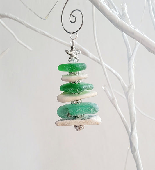 Sea Glass Christmas Tree Ornament/Sea Glass Pine Tree Ornament/Sea Pottery/Genuine Sea Glass Tree Ornament/84