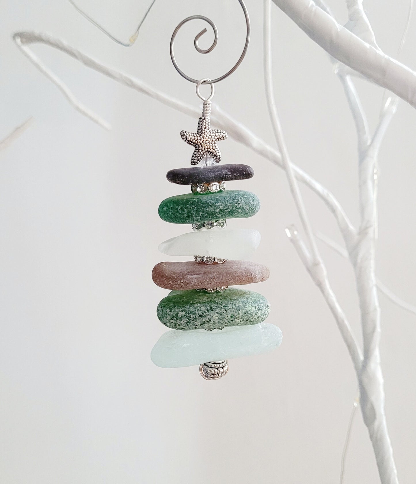 Sea Glass Christmas Tree Ornament/Green and Aqua Sea Glass/Sea Glass Pine Tree Ornament/Genuine Sea Glass Tree Ornament/82