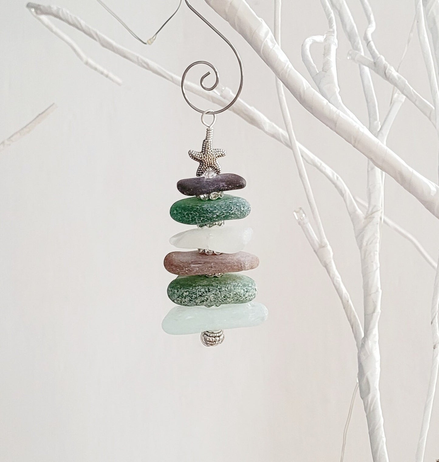 Sea Glass Christmas Tree Ornament/Green and Aqua Sea Glass/Sea Glass Pine Tree Ornament/Genuine Sea Glass Tree Ornament/82