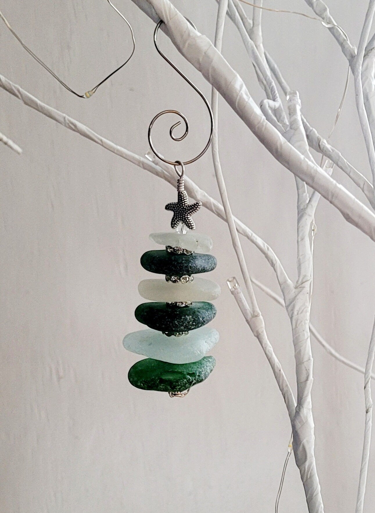 Sea Glass Christmas Tree Ornament/Green and Aqua Sea Glass/Sea Glass Pine Tree Ornament/Genuine Sea Glass Tree Ornament/81