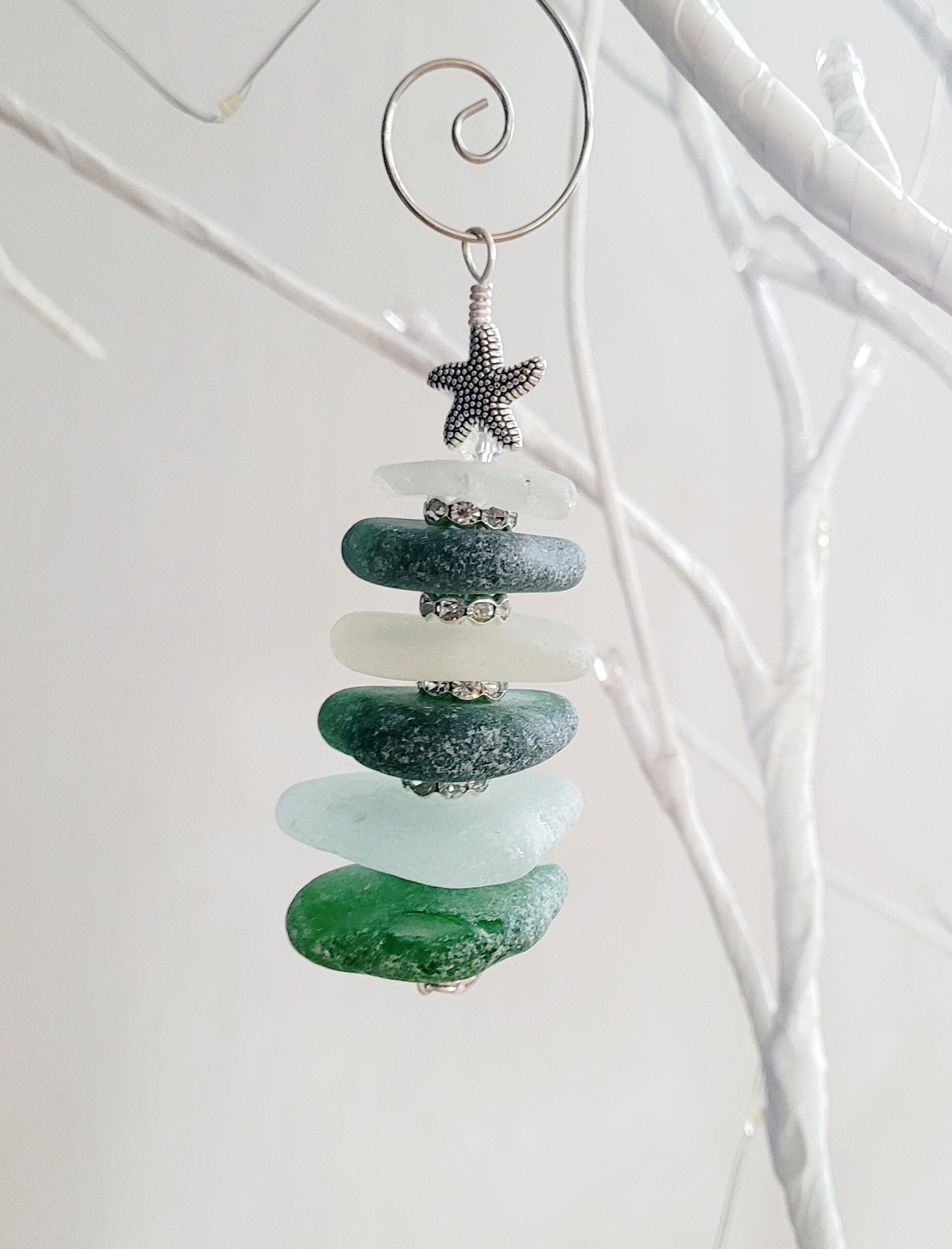 Sea Glass Christmas Tree Ornament/Green and Aqua Sea Glass/Sea Glass Pine Tree Ornament/Genuine Sea Glass Tree Ornament/81